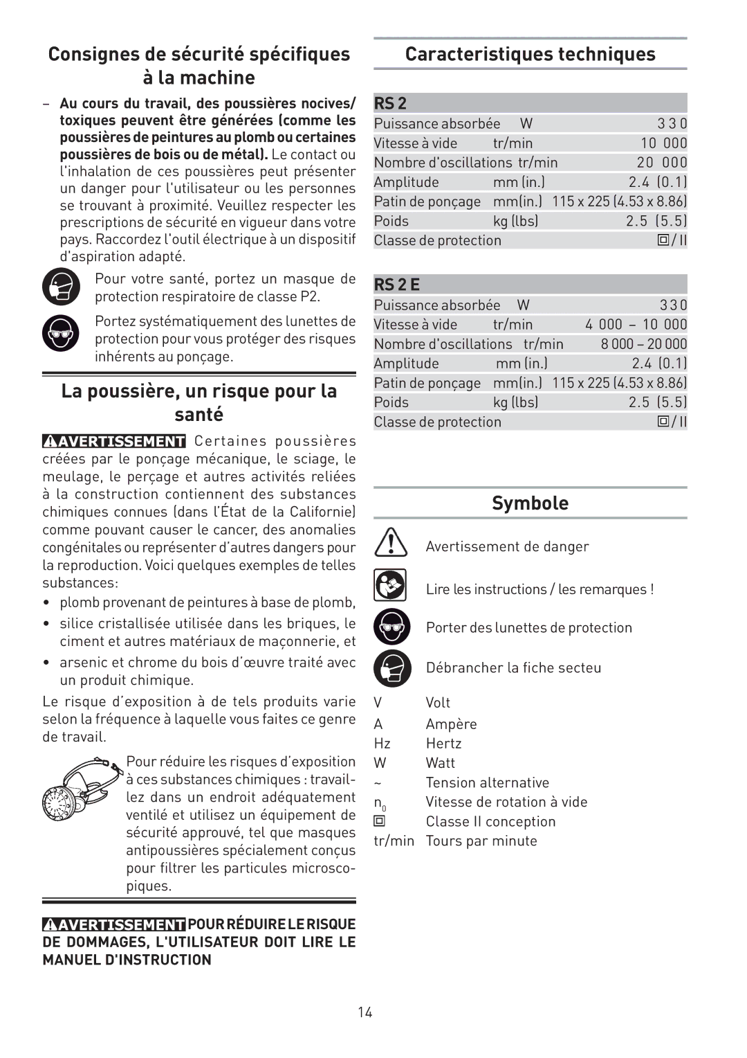 Festool PI567696, PN567696 La machine, La poussière, un risque pour la Santé, Caracteristiques techniques, Symbole 