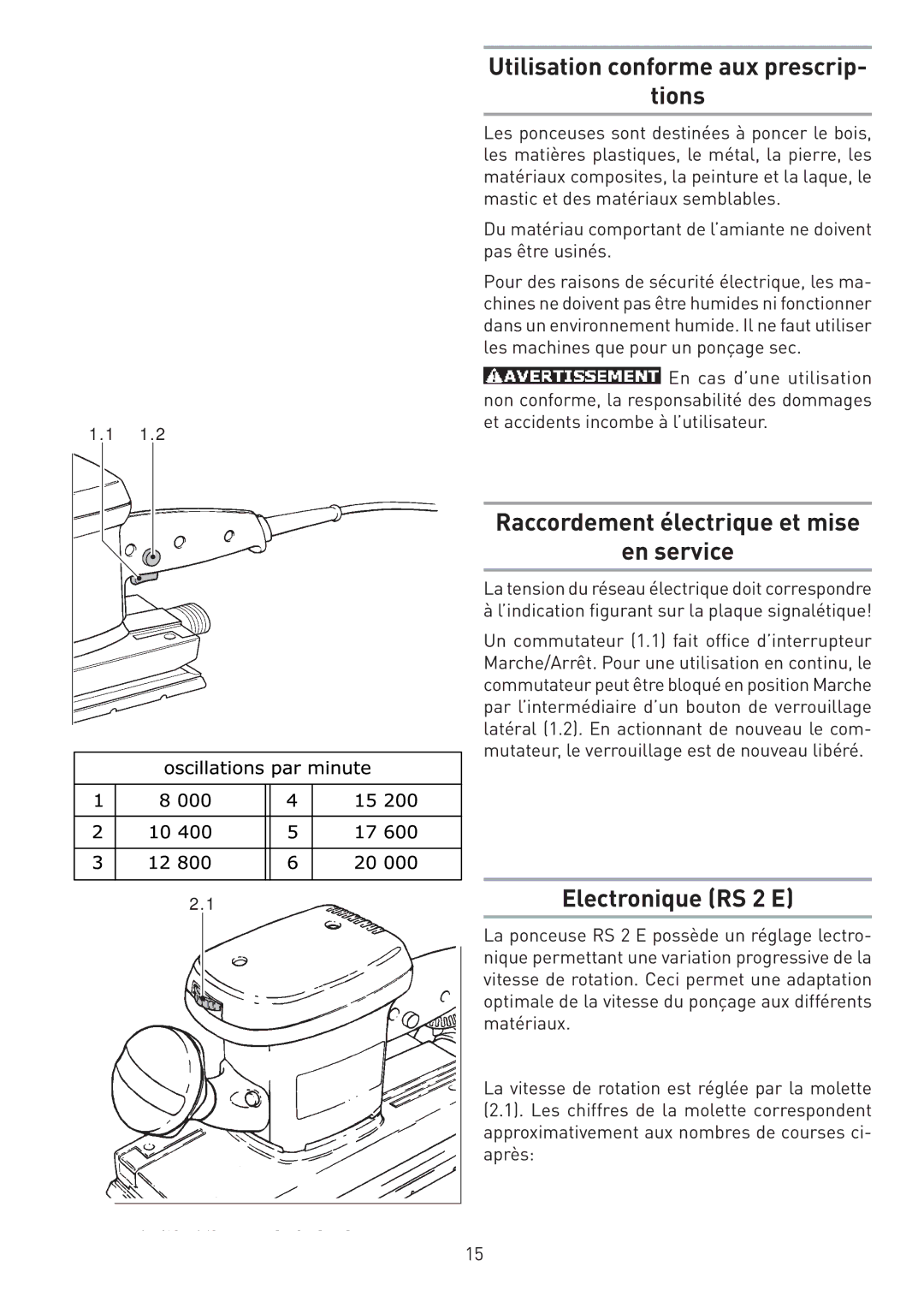 Festool PN567696 Utilisation conforme aux prescrip Tions, Raccordement électrique et mise En service, Electronique RS 2 E 