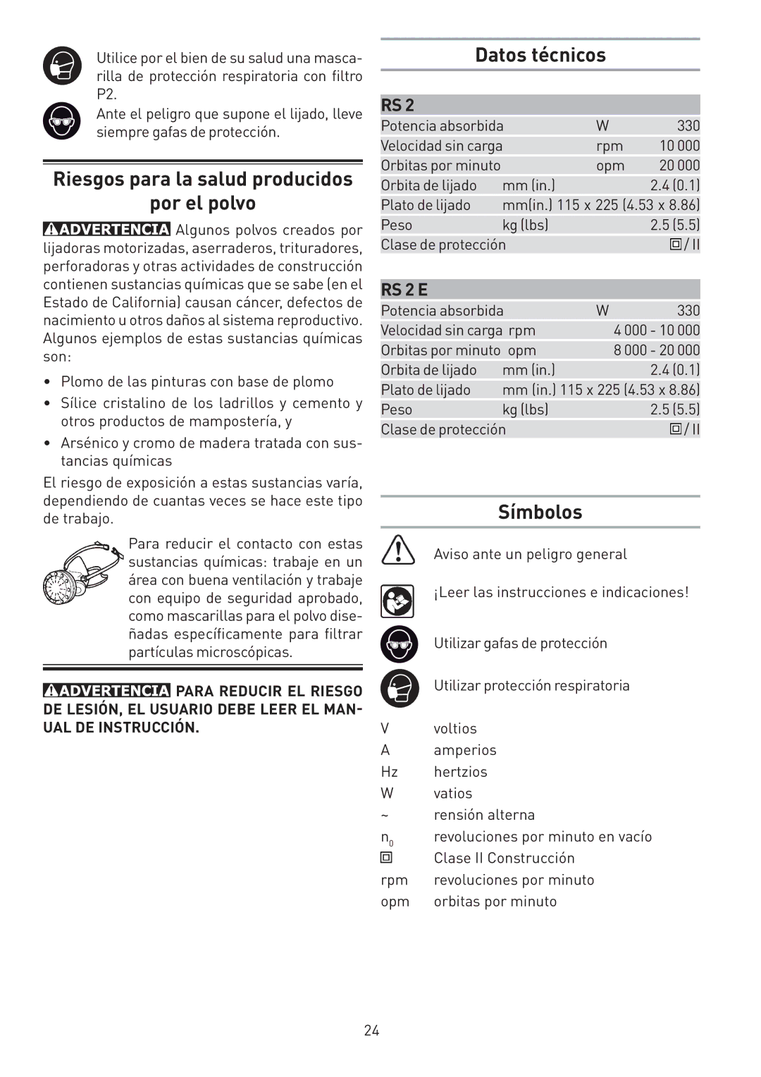 Festool PI567696, PN567696 instruction manual Riesgos para la salud producidos Por el polvo, Datos técnicos, Símbolos 