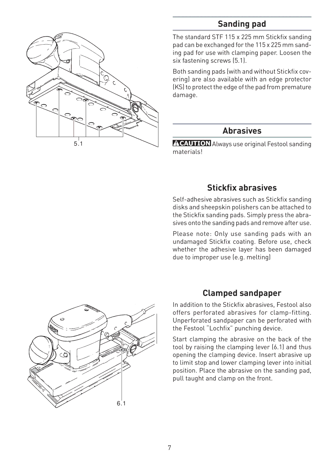 Festool PN567696, PI567696 instruction manual Sanding pad, Abrasives, Stickﬁx abrasives, Clamped sandpaper 