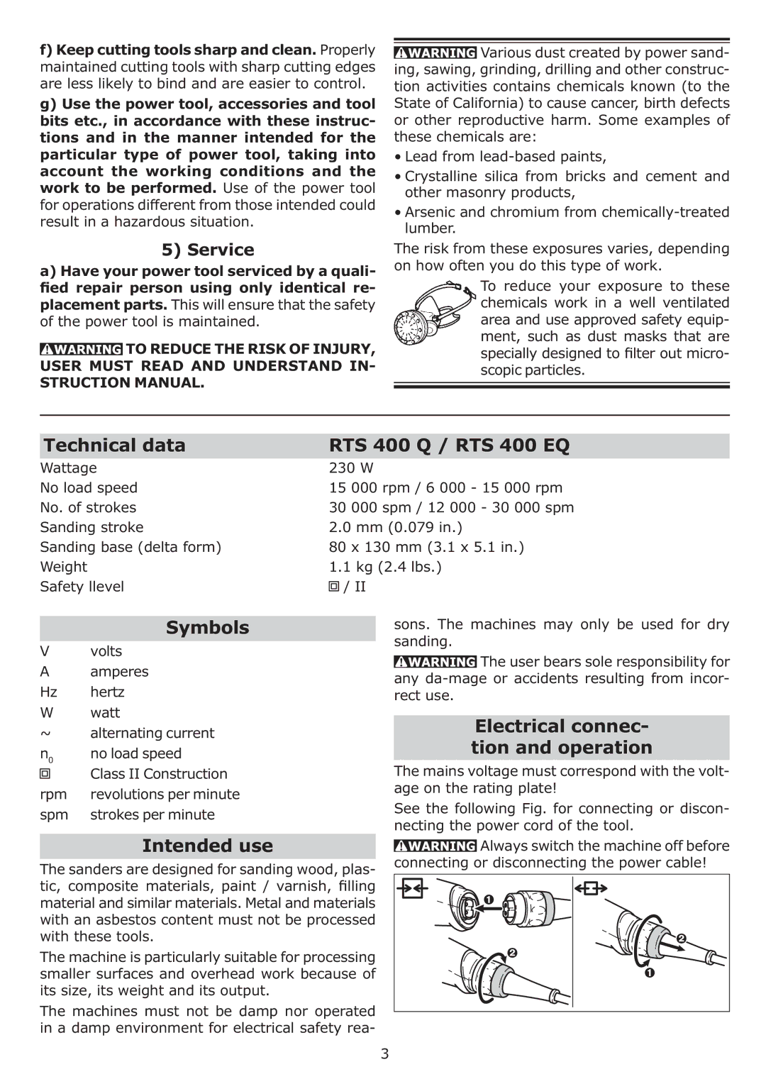 Festool Technical data RTS 400 Q / RTS 400 EQ, Symbols, Electrical connec Tion and operation, Intended use, Service 