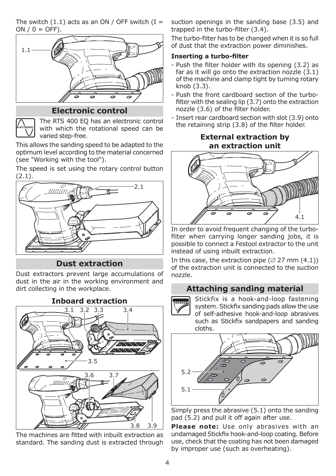 Festool PI567863, PN567863, RTS 400 EQ Electronic control, Dust extraction, Attaching sanding material, Inboard extraction 