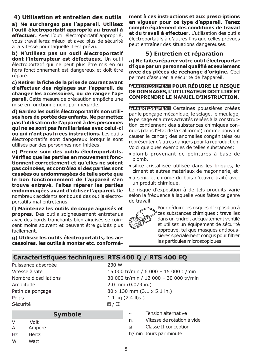 Festool PI567863 Caracteristiques techniques RTS 400 Q / RTS 400 EQ, Symbole, Utilisation et entretien des outils 