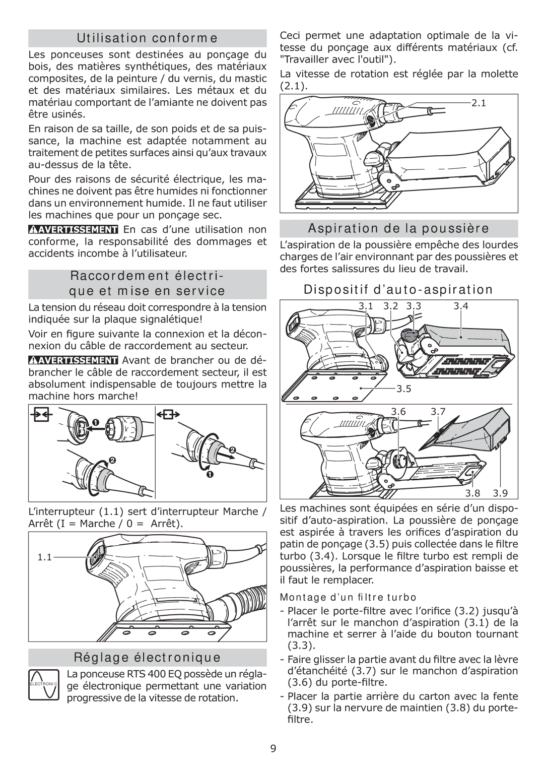 Festool PN567863, PI567863 Utilisation conforme, Raccordement électri Que et mise en service, Réglage électronique 