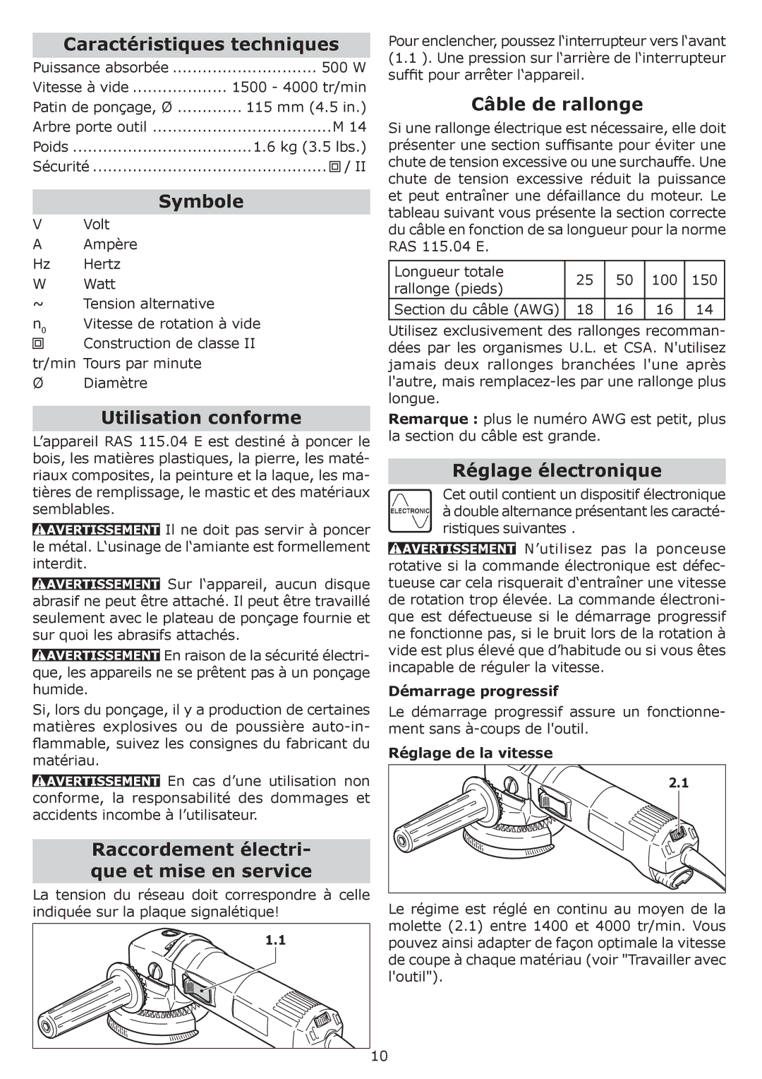 Festool PI570789 Caractéristiques techniques, Symbole, Utilisation conforme, Câble de rallonge, Réglage électronique 