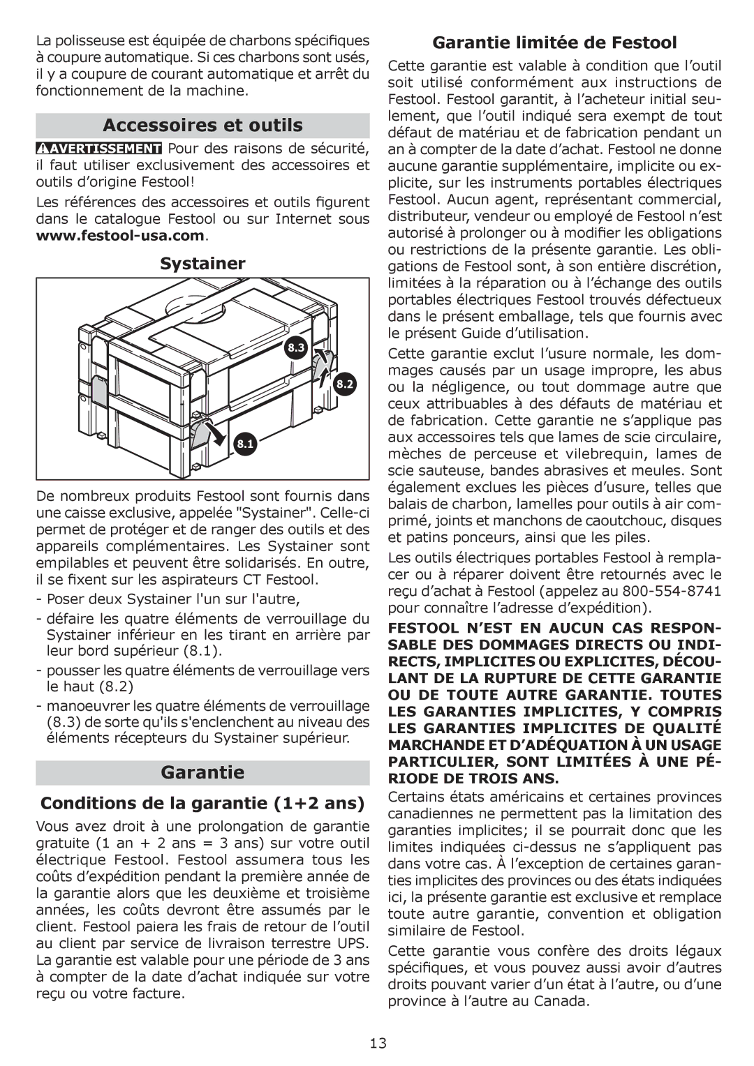 Festool PN570789, PI570789 Accessoires et outils, Conditions de la garantie 1+2 ans, Garantie limitée de Festool 