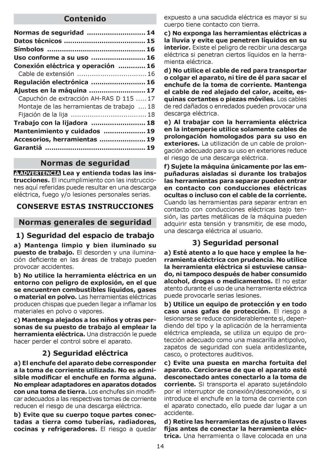 Festool PI570789, PN570789 instruction manual Contenido, Normas de seguridad, Normas generales de seguridad 