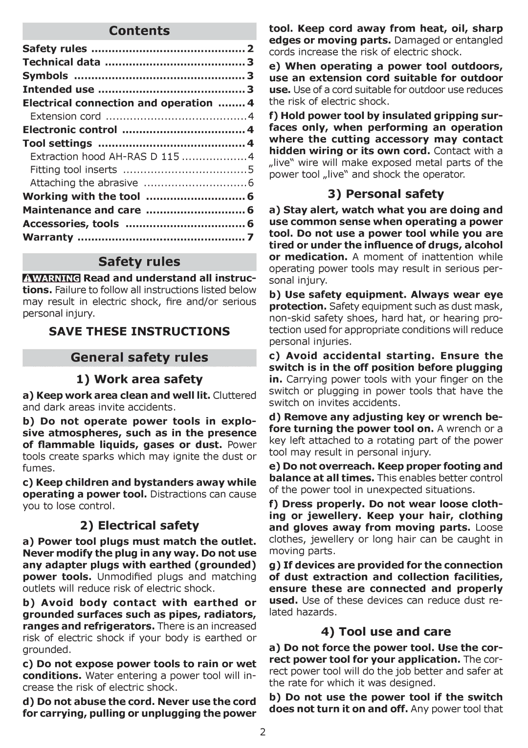 Festool PI570789, PN570789 instruction manual Contents, Safety rules, General safety rules 