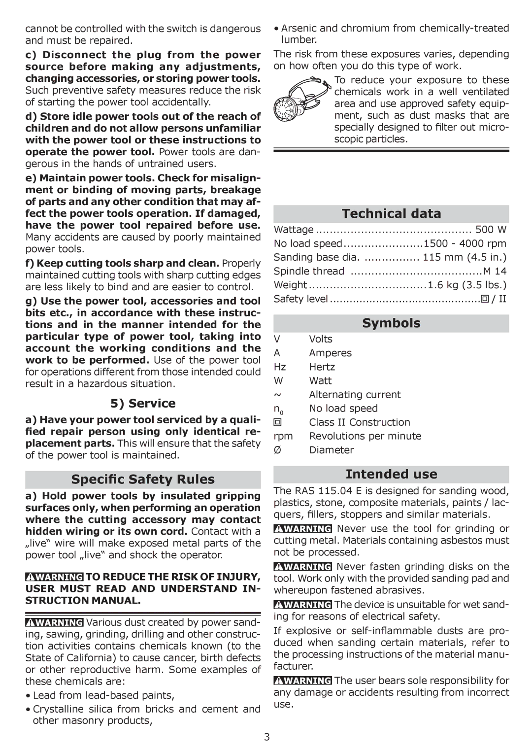 Festool PN570789, PI570789 instruction manual Speciﬁc Safety Rules, Technical data, Symbols, Intended use, Service 