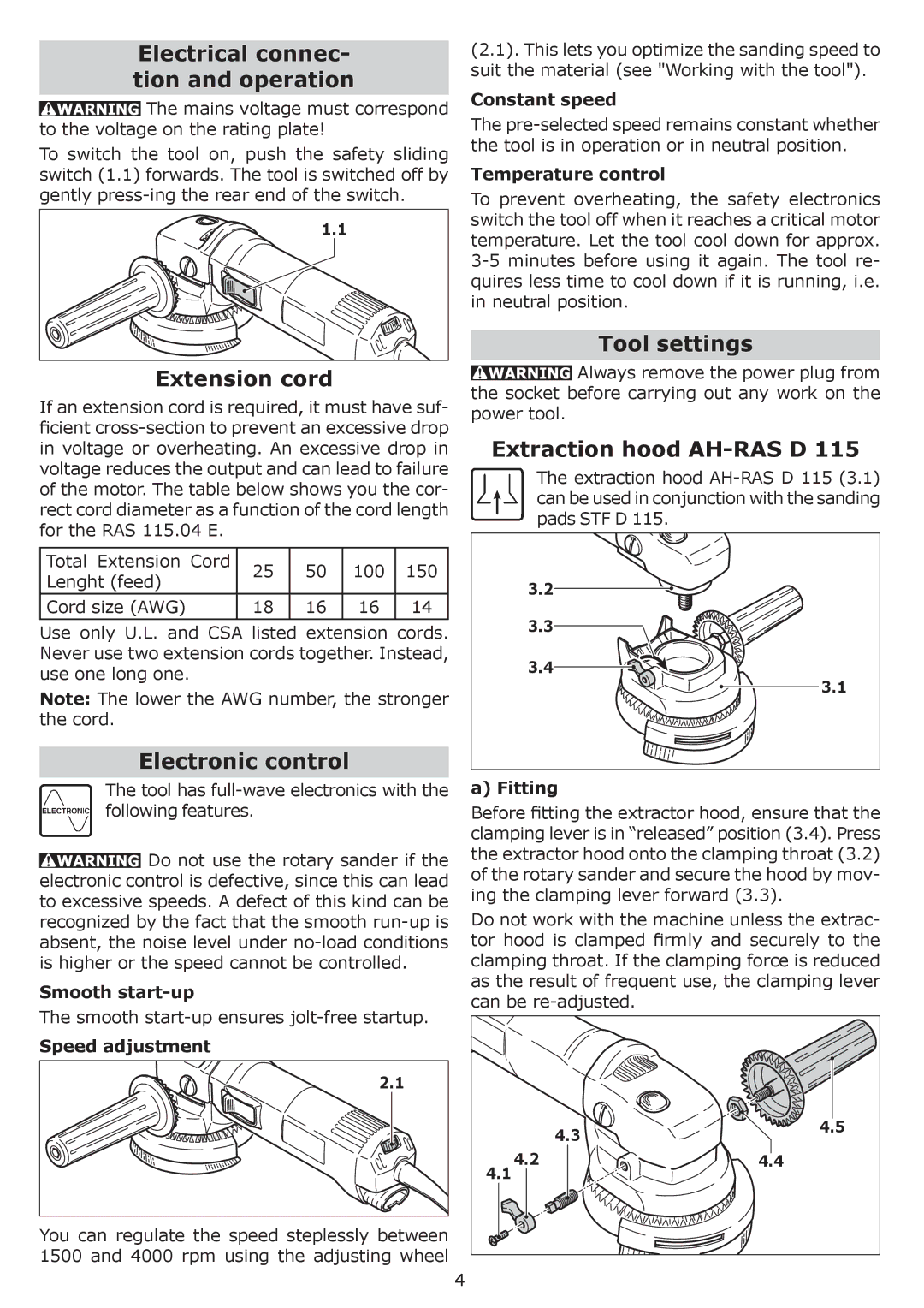 Festool PI570789, PN570789 instruction manual Extension cord, Electronic control, Tool settings, Extraction hood AH-RAS D 