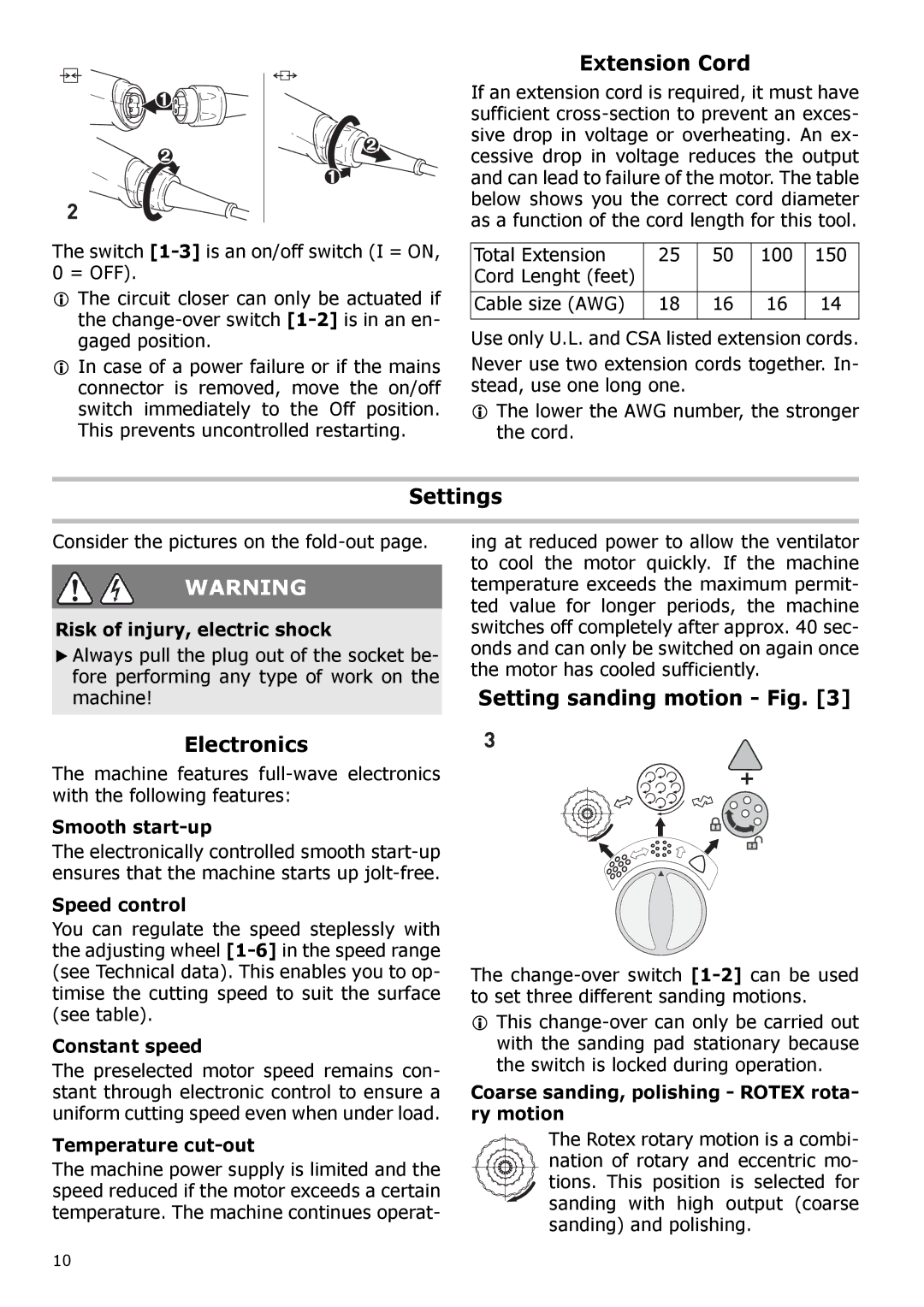 Festool PM571823, PI571823, PAC571823, PN571823 Extension Cord, Settings, Electronics, Setting sanding motion Fig 