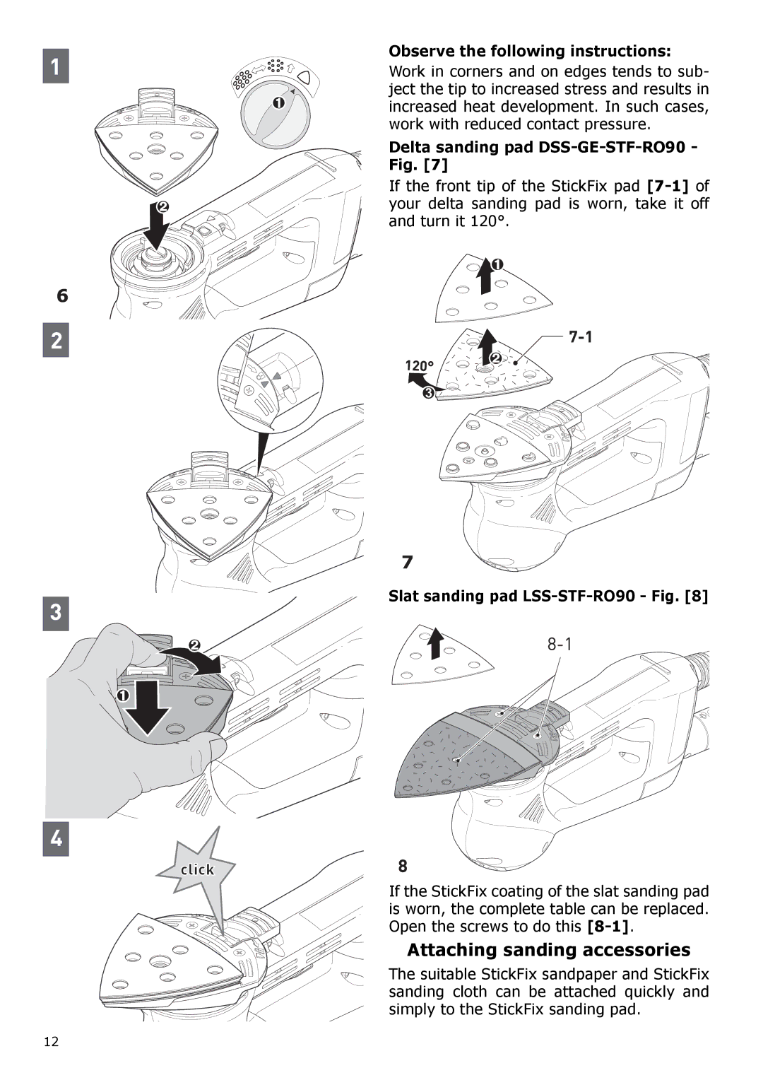 Festool PI571823 Attaching sanding accessories, Observe the following instructions, Delta sanding pad DSS-GE-STF-RO90 