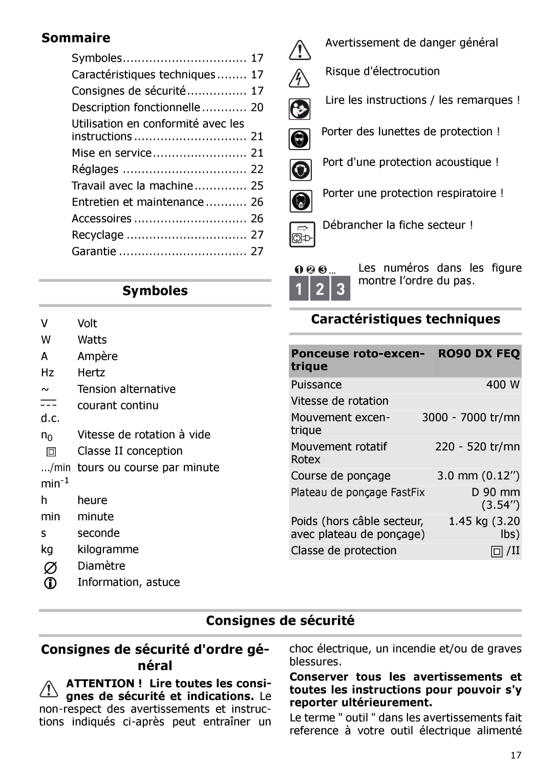 Festool PAC571823, PI571823, PM571823, PN571823 instruction manual Sommaire, Symboles, Caractéristiques techniques 