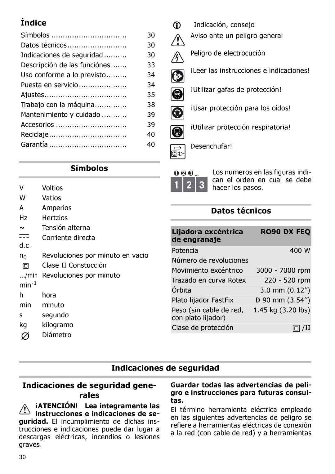 Festool PM571823, PI571823, PAC571823, PN571823 Índice, Símbolos, Datos técnicos, Lijadora excéntrica, De engranaje 