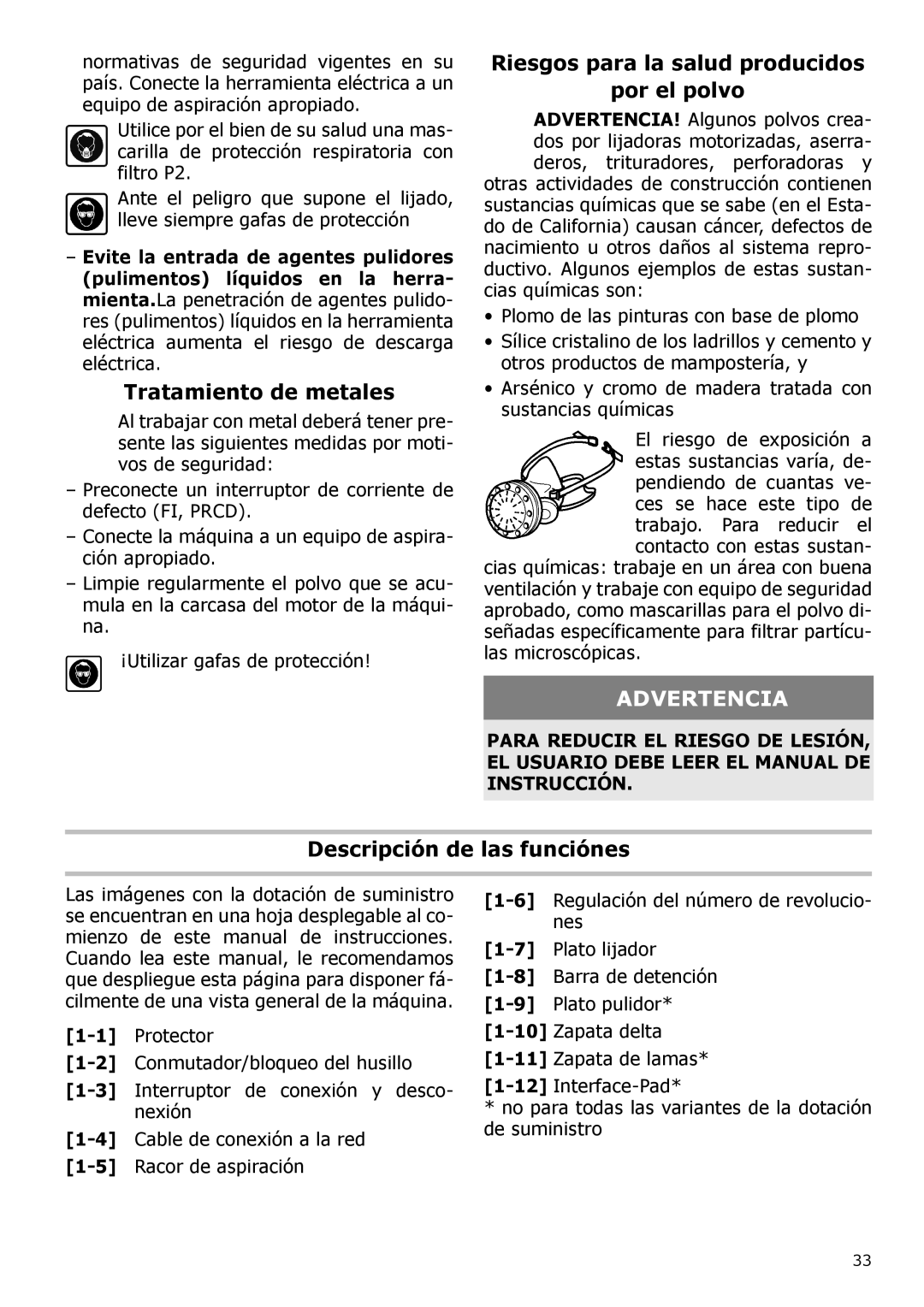 Festool PAC571823 Tratamiento de metales, Riesgos para la salud producidos Por el polvo, Descripción de las funciónes 