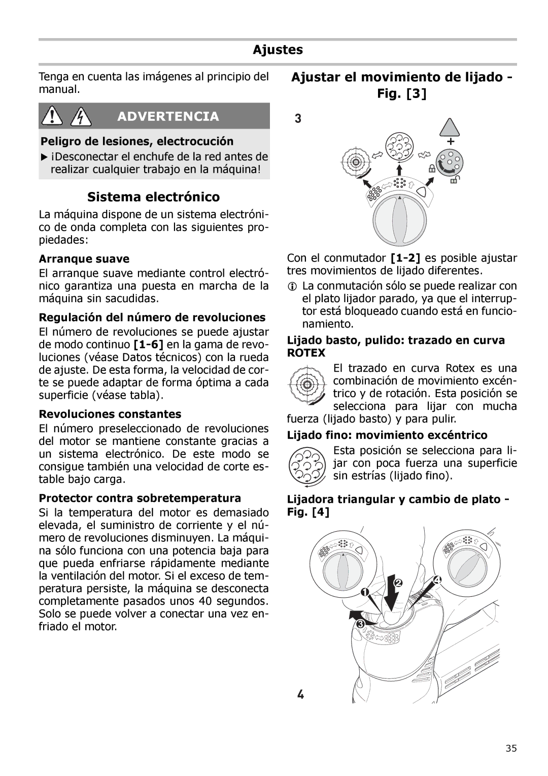 Festool PN571823, PI571823, PAC571823, PM571823 instruction manual Ajustes, Sistema electrónico, Rotex 