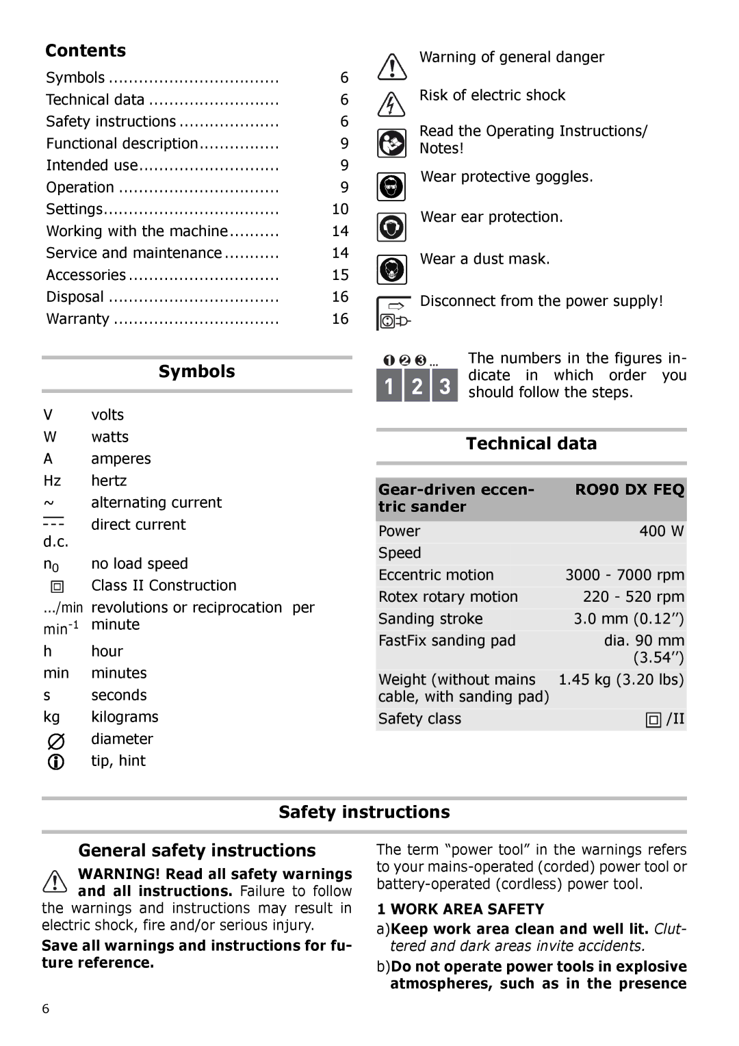 Festool PM571823, PI571823, PAC571823 Contents, Symbols, Technical data, Safety instructions General safety instructions 