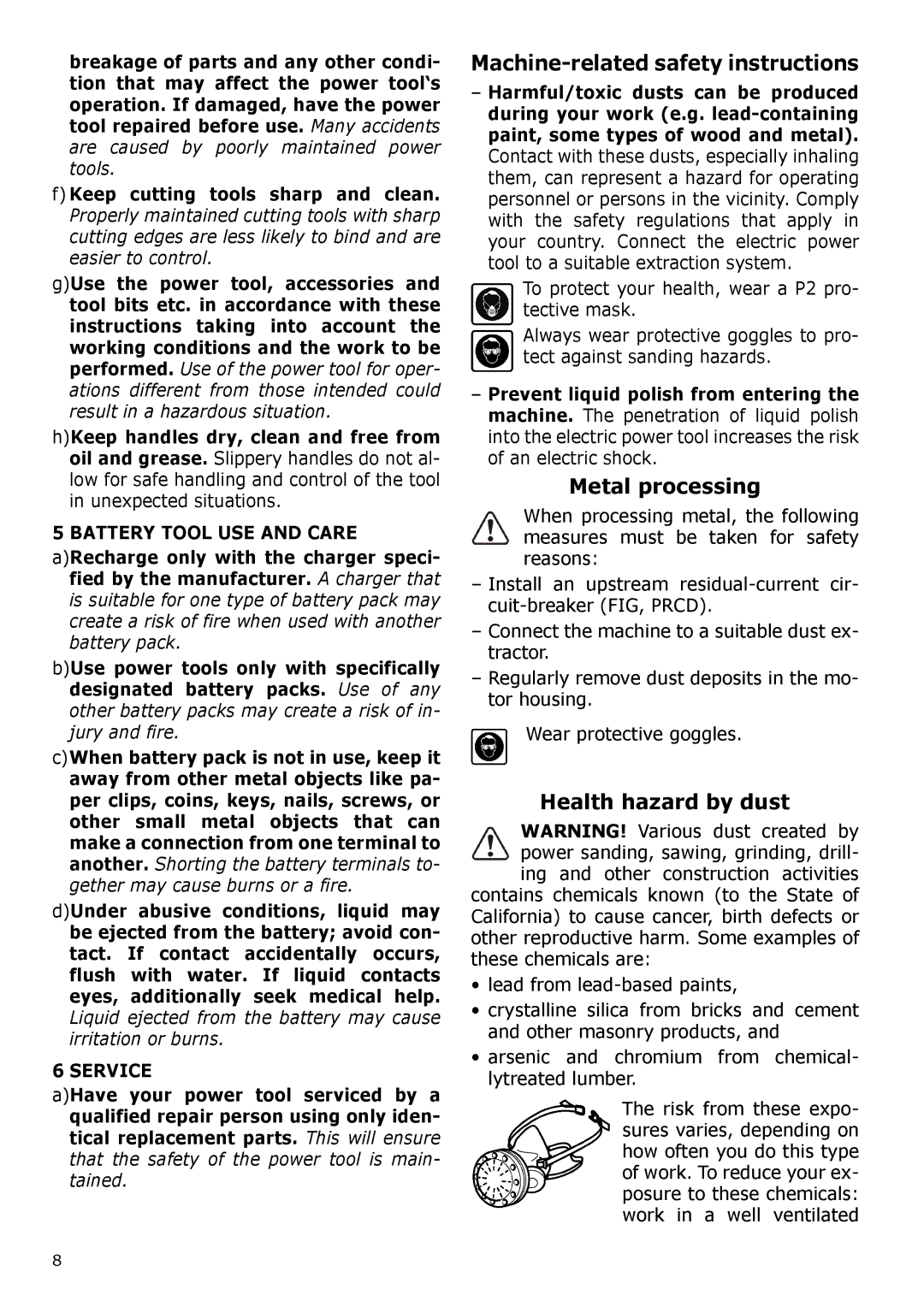 Festool PI571823 Machine-related safety instructions, Metal processing, Health hazard by dust, Battery Tool USE and Care 