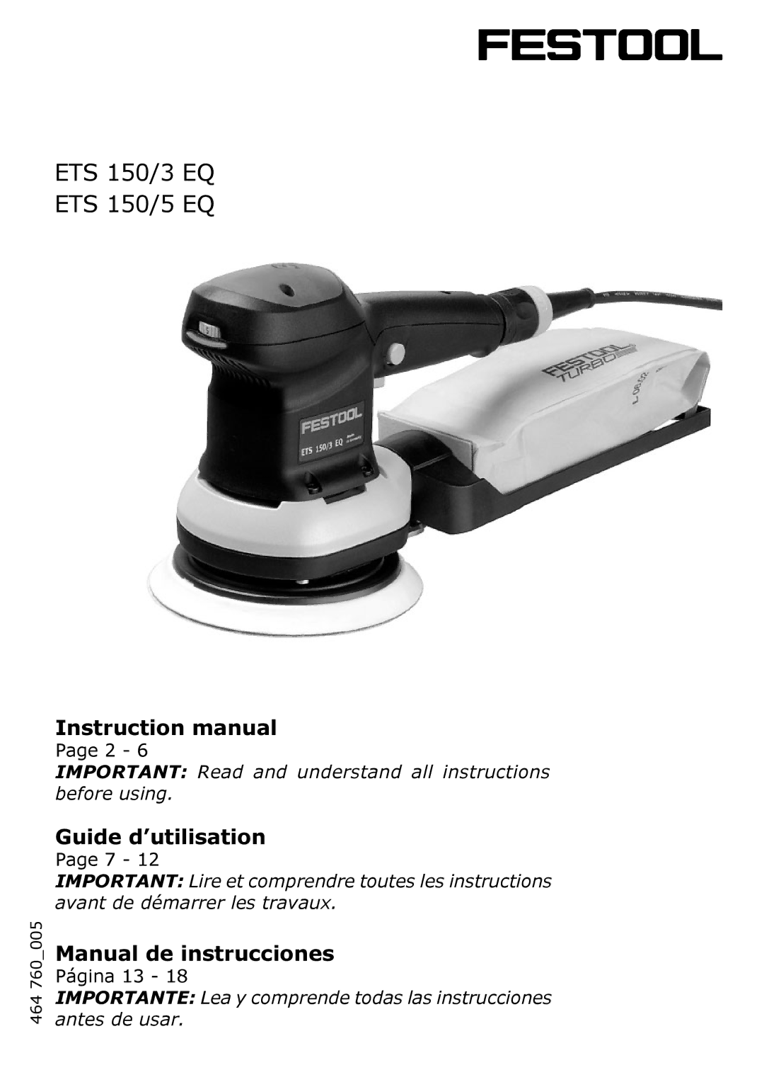 Festool PAC571916, PI571903, PAC571903, PI571916, PN571903, PN571916, ETS 155 EQ instruction manual ETS 150/3 EQ ETS 150/5 EQ 