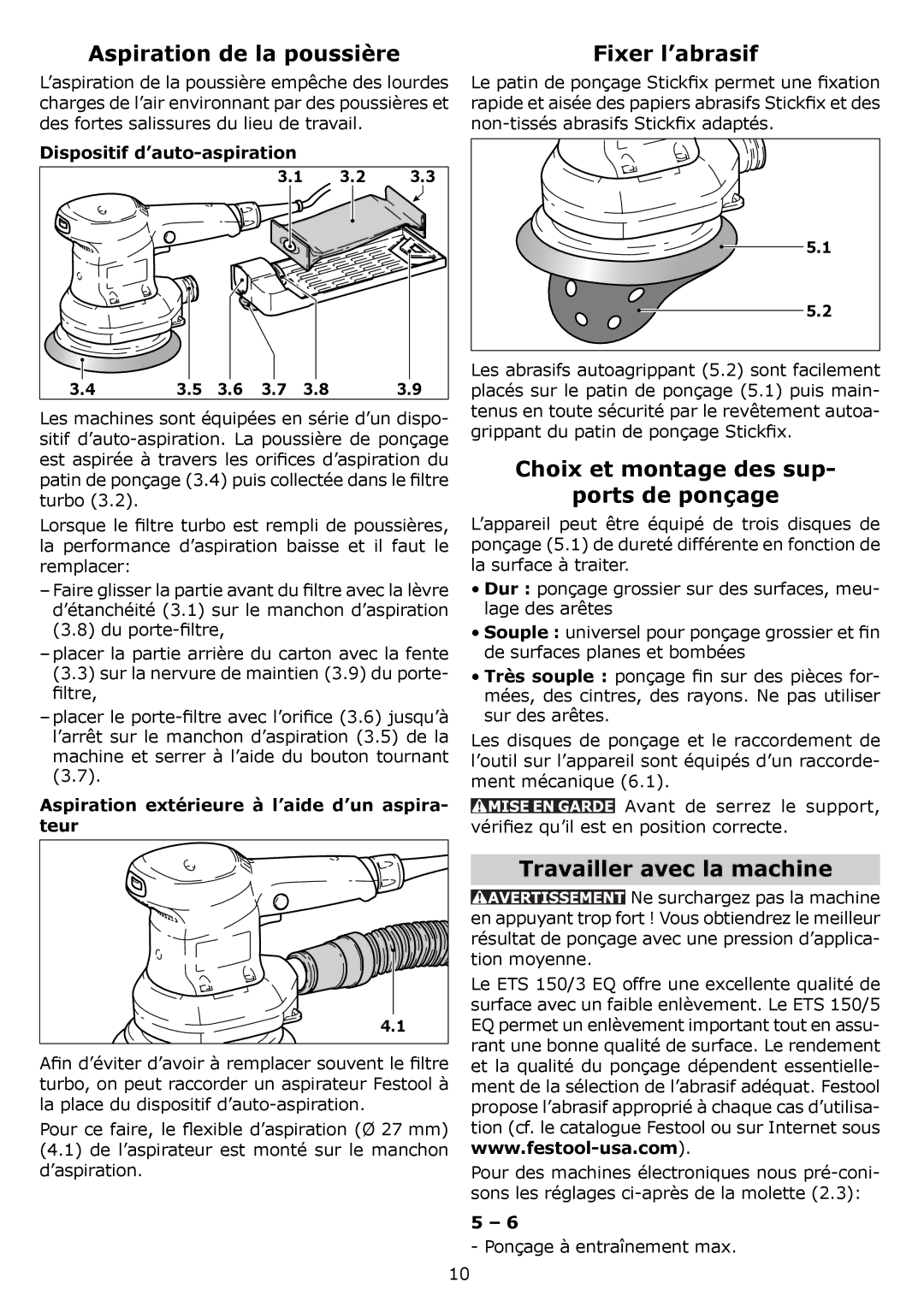 Festool PAC571916, PI571903 Aspiration de la poussière, Fixer l’abrasif, Choix et montage des sup Ports de ponçage 