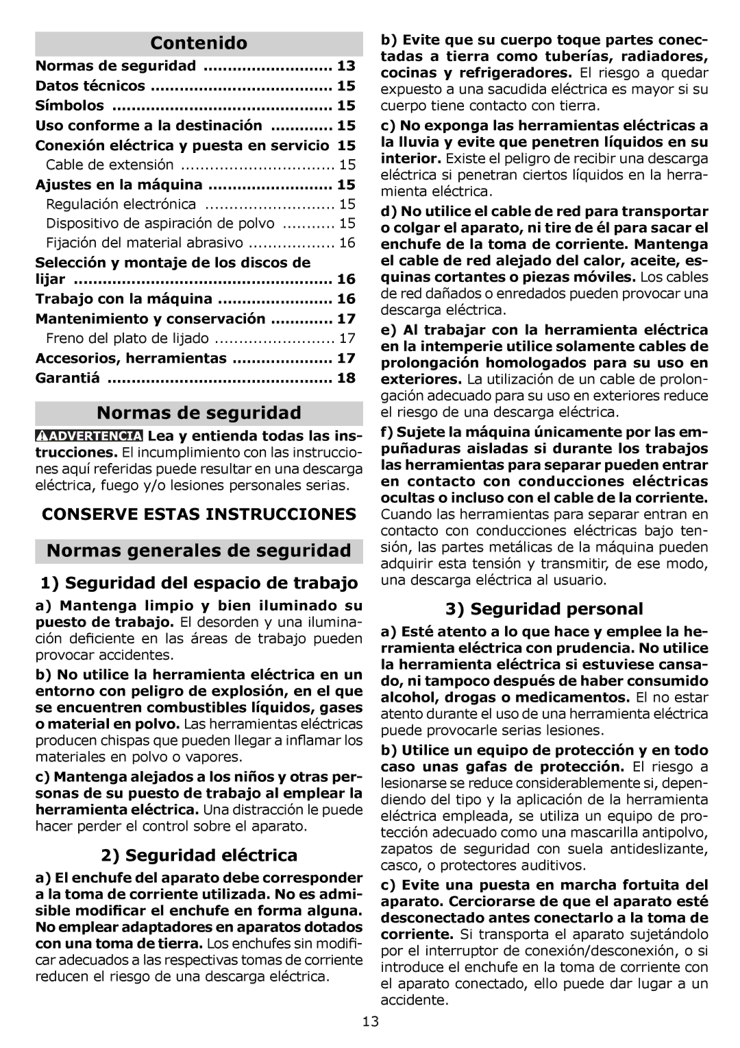 Festool PN571903, PI571903, PAC571916, PAC571903, PI571916 Contenido, Normas de seguridad, Normas generales de seguridad 