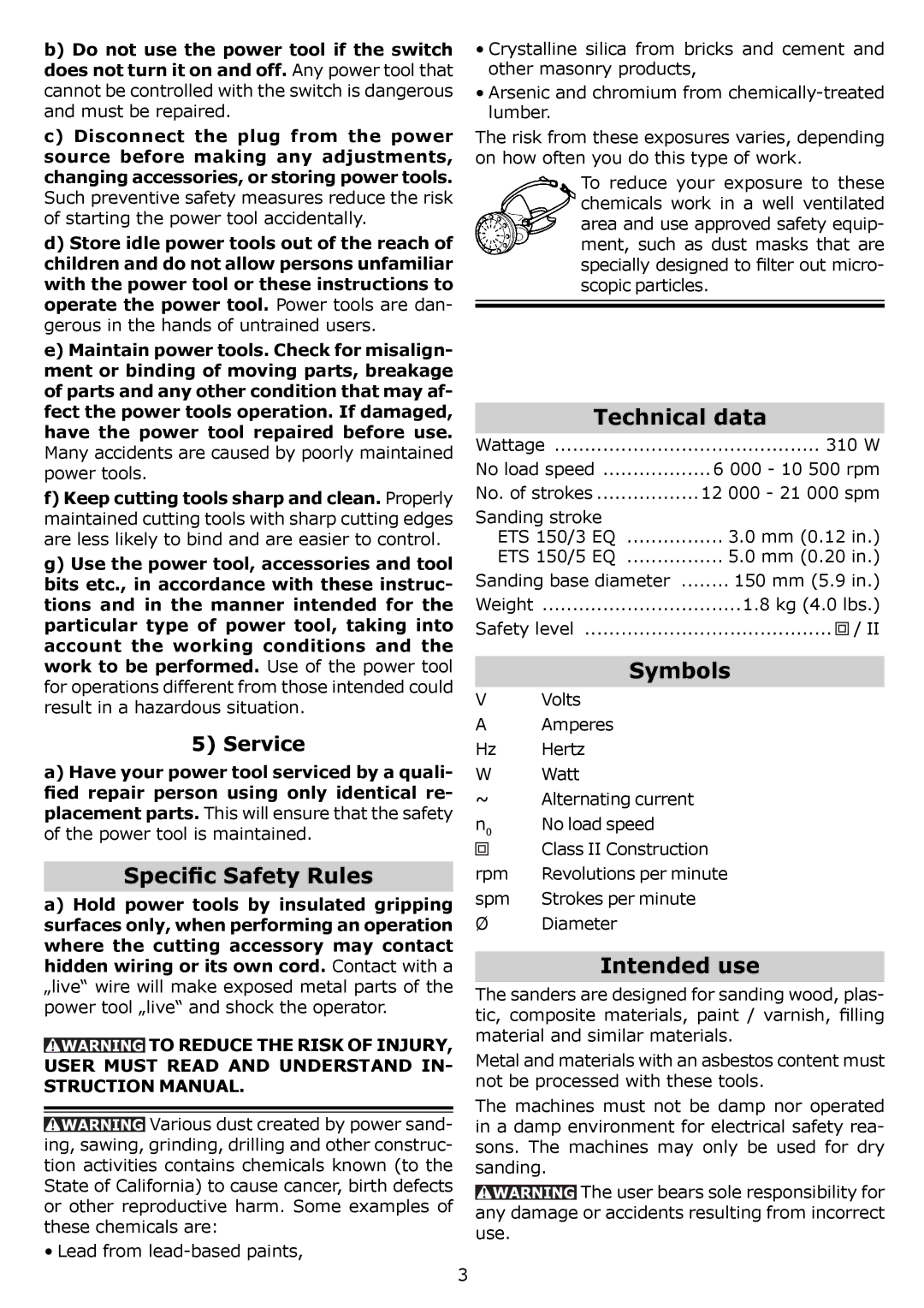 Festool PI571916, PI571903, PAC571916, PAC571903 Speciﬁc Safety Rules, Technical data, Symbols, Intended use, Service 