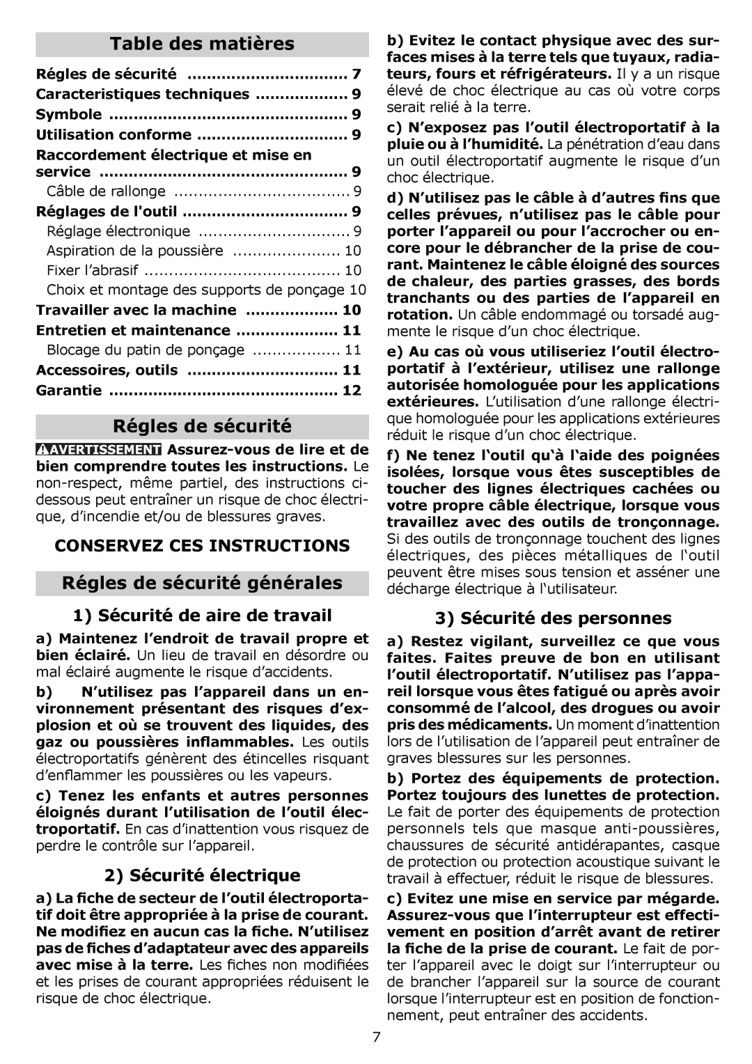 Festool ETS 153 EQ, PI571903, PAC571916, PAC571903, PI571916, PN571903 Table des matières, Régles de sécurité générales 