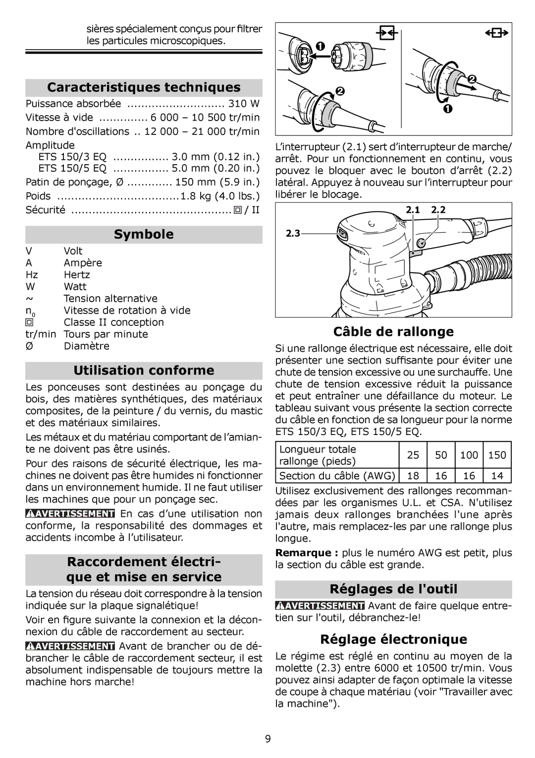 Festool PI571903 Caracteristiques techniques, Symbole, Utilisation conforme, Câble de rallonge, Réglages de loutil 