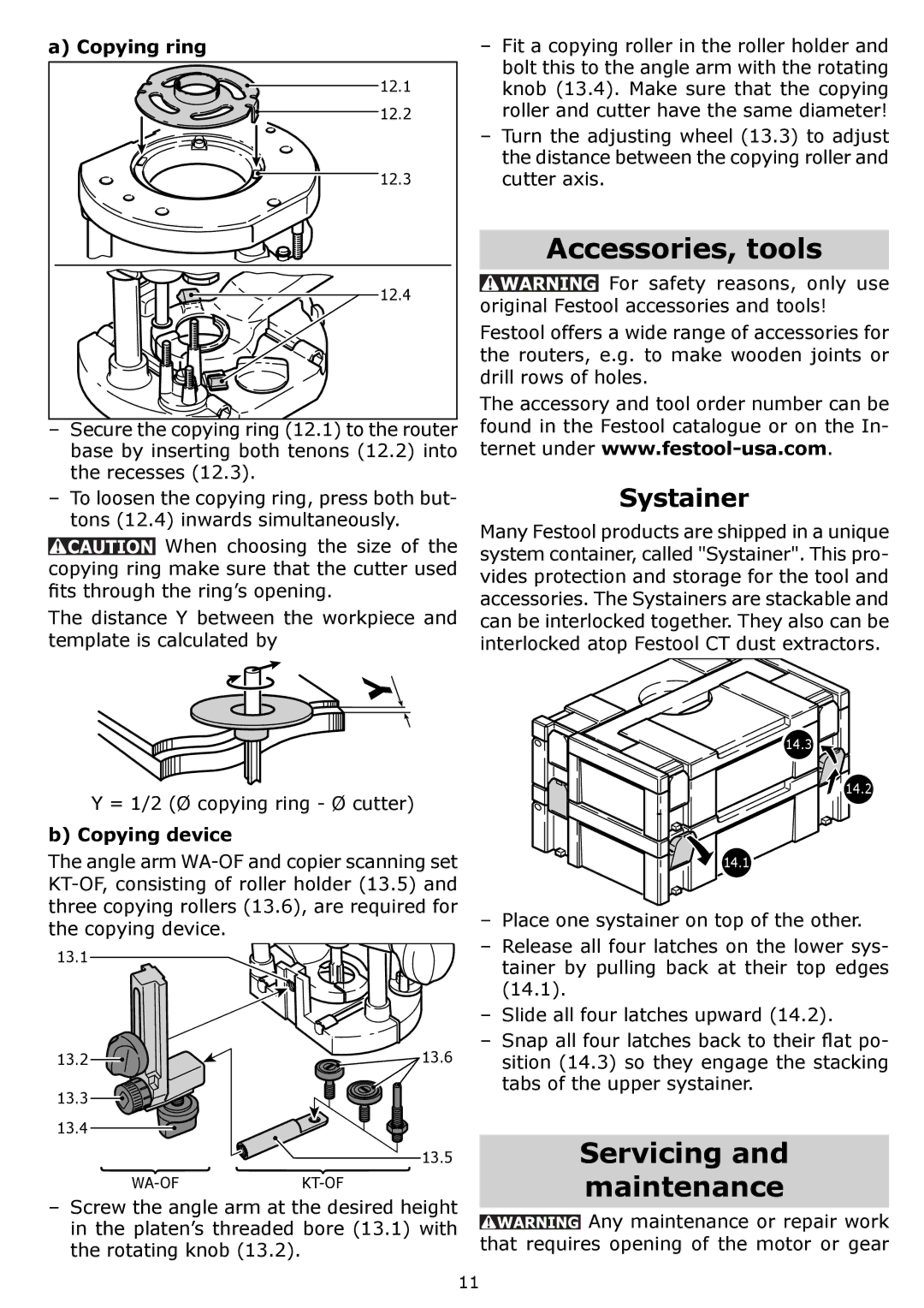 Festool PAC574342, PI574342, PN574342, OF 1400 EQ instruction manual Accessories, tools, Servicing, Maintenance, Systainer 