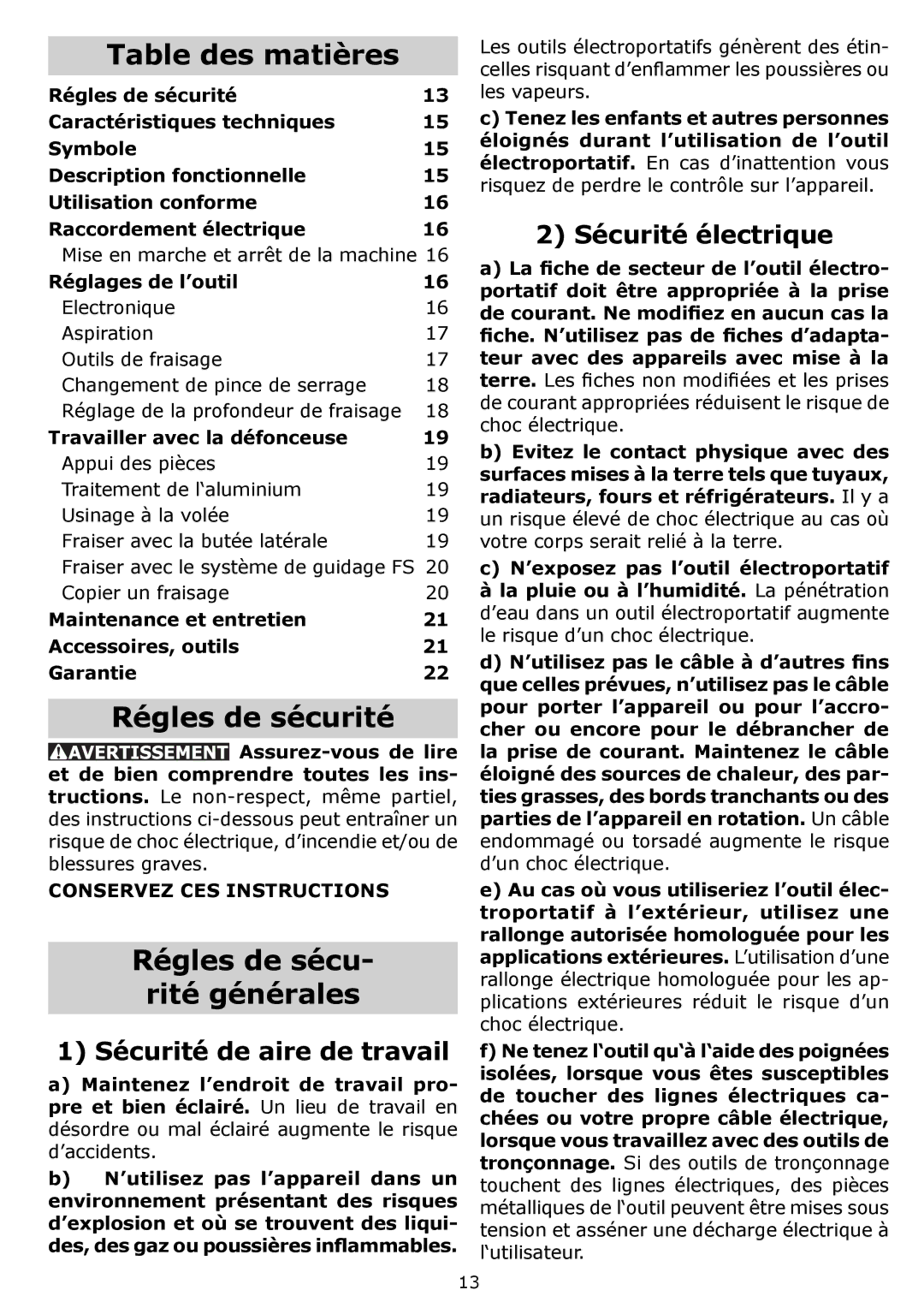 Festool PN574342, PI574342, OF 1400 EQ, PAC574342 instruction manual Table des matières, Régles de sécurité, Rité générales 