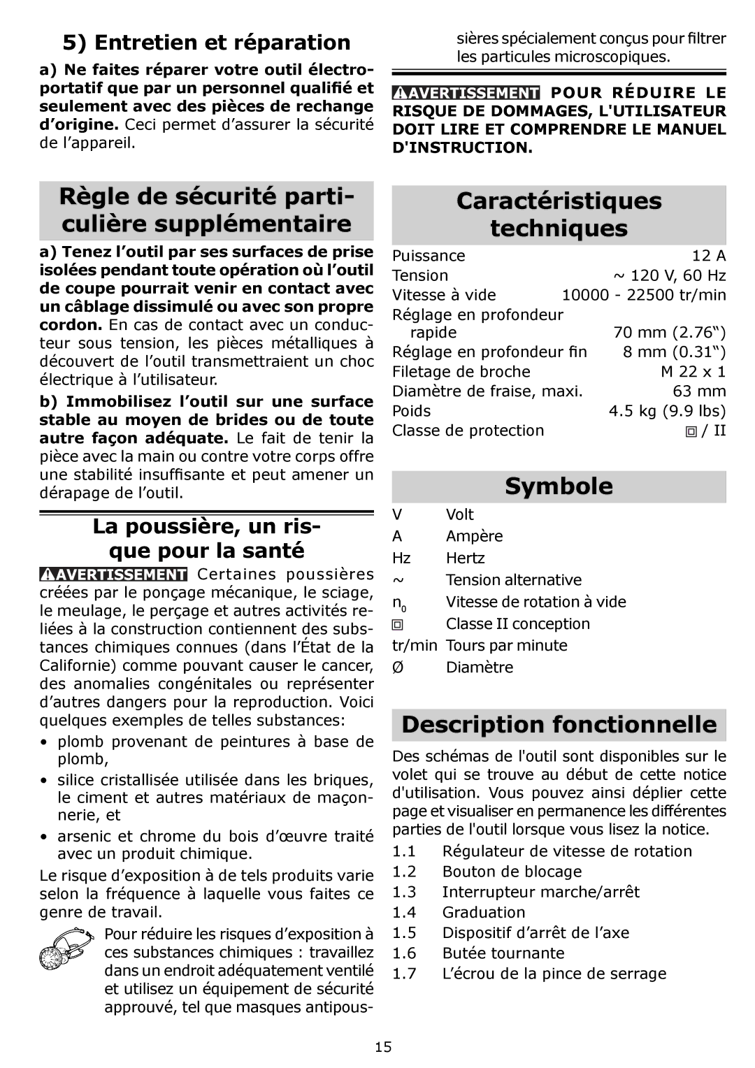 Festool PAC574342, PI574342, PN574342, OF 1400 EQ Caractéristiques Techniques, Symbole, Description fonctionnelle 