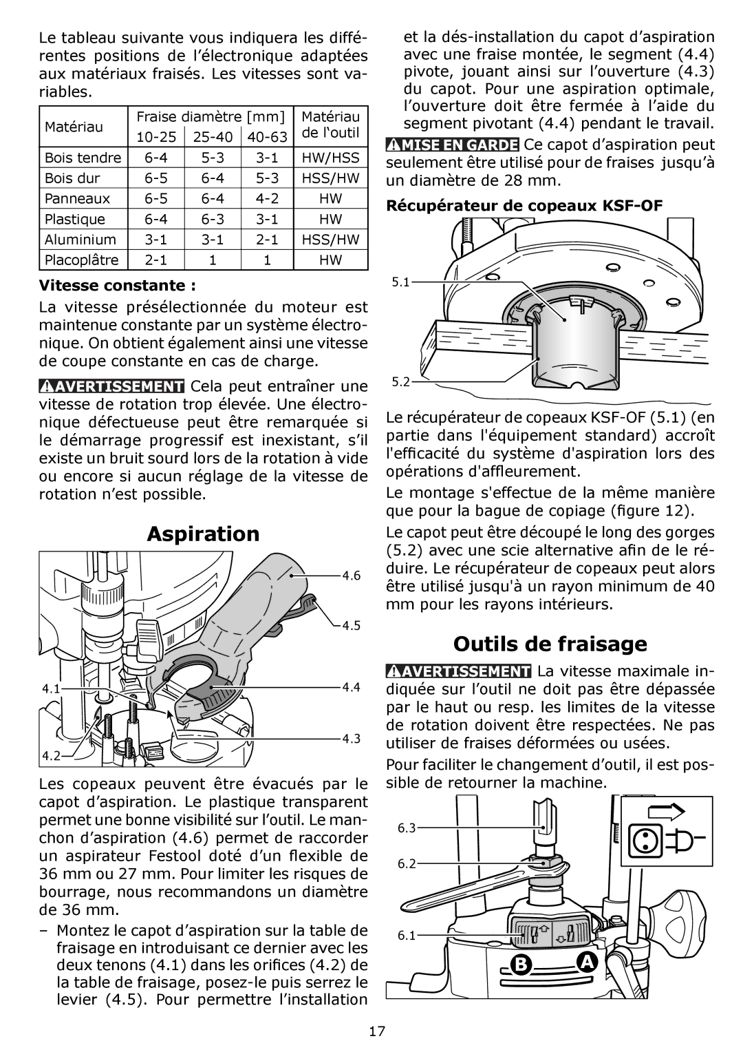 Festool PN574342, PI574342, OF 1400 EQ, PAC574342 instruction manual Aspiration, Outils de fraisage, Vitesse constante 