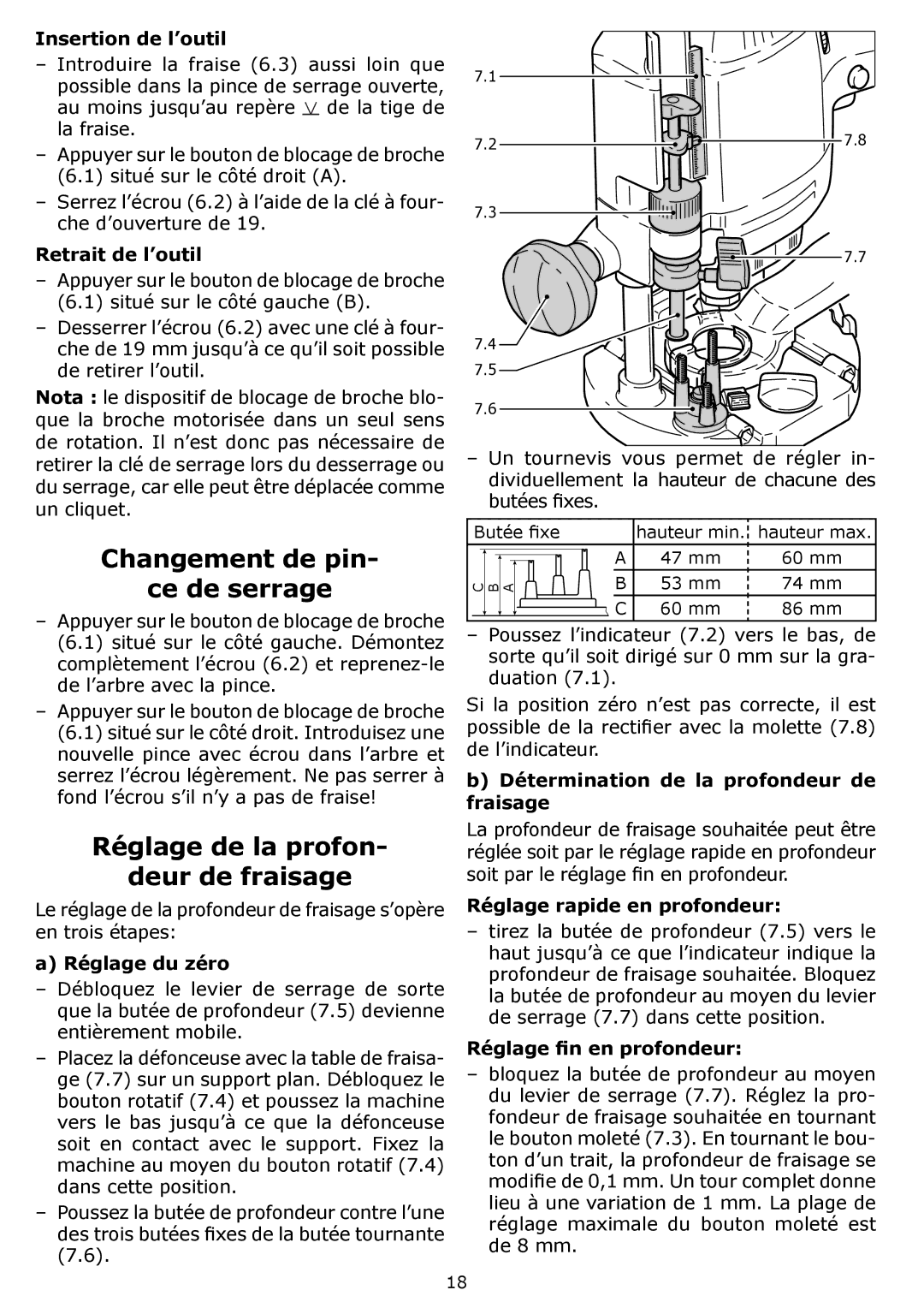 Festool OF 1400 EQ, PI574342, PN574342, PAC574342 Changement de pin Ce de serrage, Réglage de la profon Deur de fraisage 