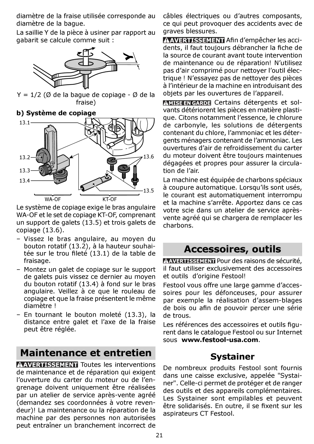 Festool PN574342, PI574342, OF 1400 EQ, PAC574342 Maintenance et entretien, Accessoires, outils, Fraise, Système de copiage 