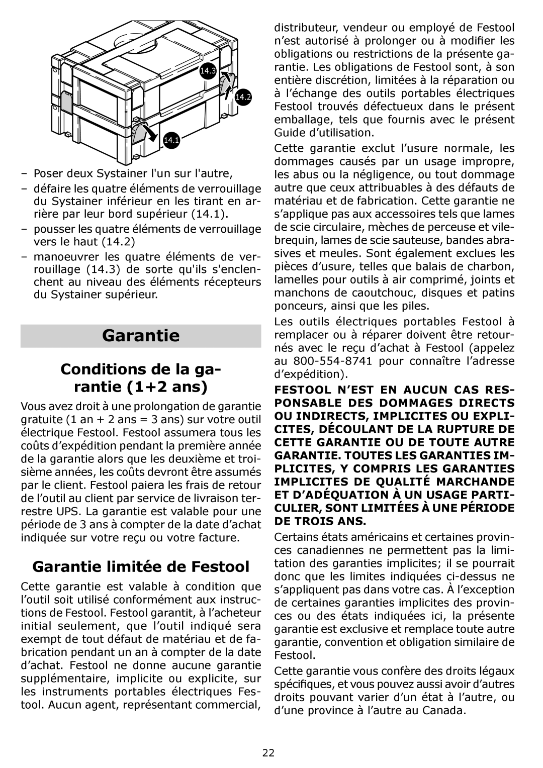 Festool OF 1400 EQ, PI574342, PN574342, PAC574342 Conditions de la ga, Rantie 1+2 ans, Garantie limitée de Festool 