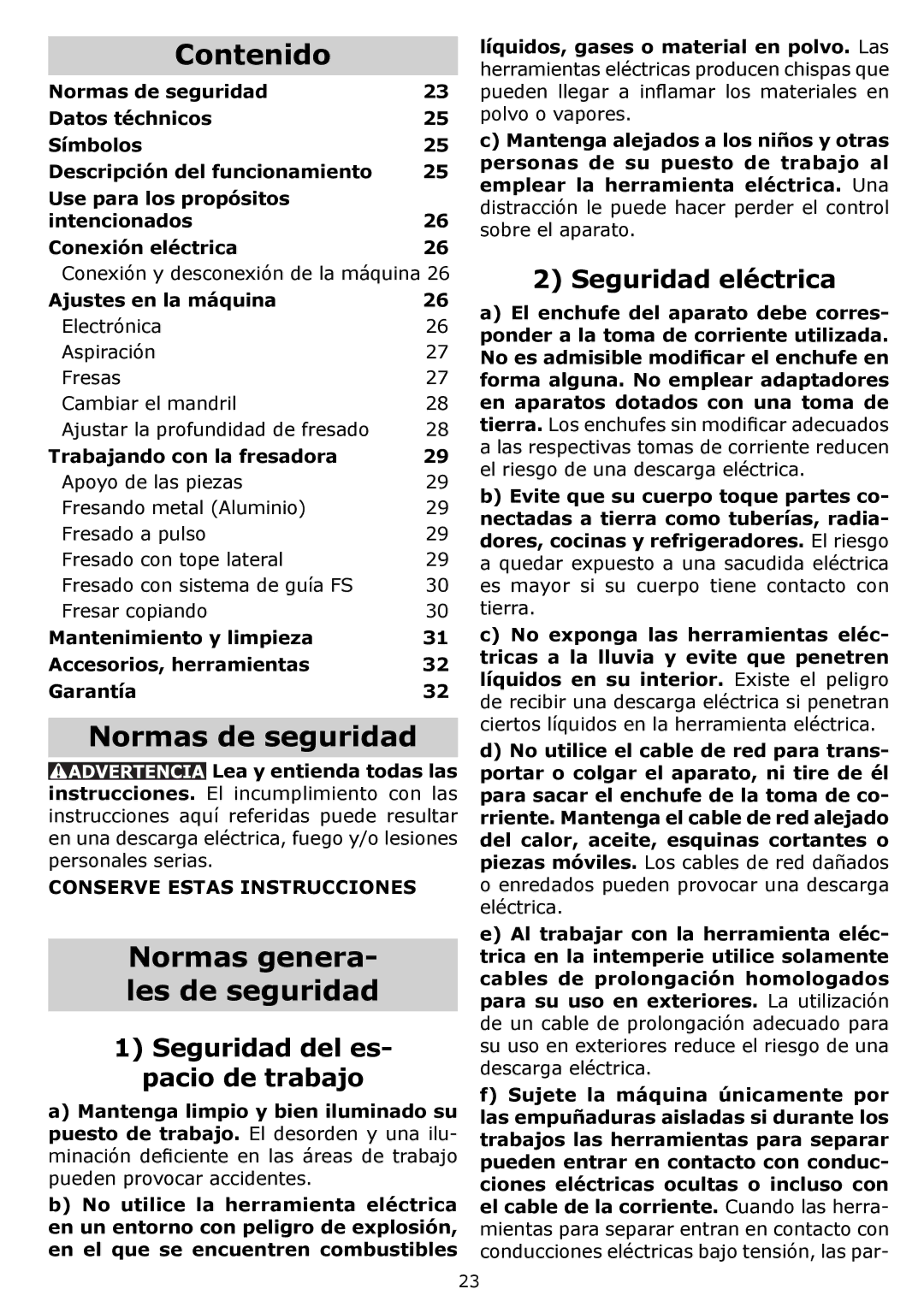 Festool PAC574342, PI574342, PN574342, OF 1400 EQ Contenido, Normas de seguridad, Normas genera, Les de seguridad 