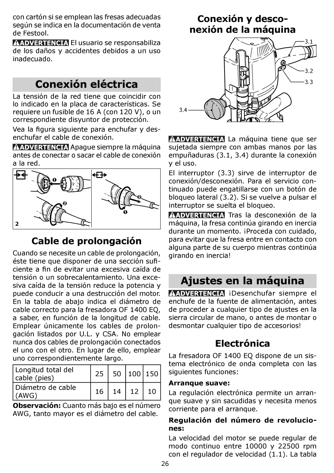 Festool OF 1400 EQ, PI574342, PN574342, PAC574342 instruction manual Conexión eléctrica, Ajustes en la máquina 