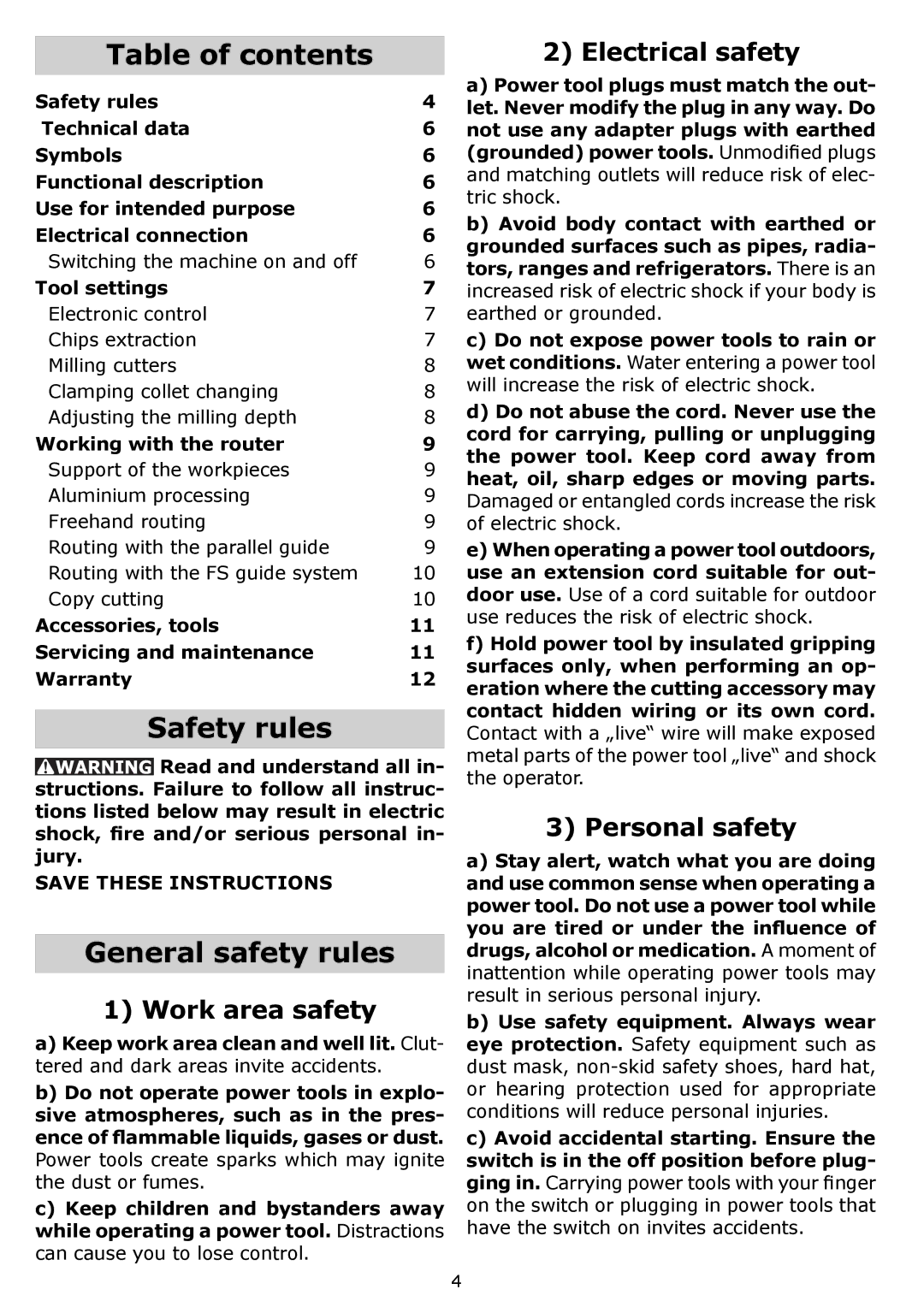 Festool PI574342, PN574342, OF 1400 EQ, PAC574342 instruction manual General safety rules, Table of contents, Safety rules 