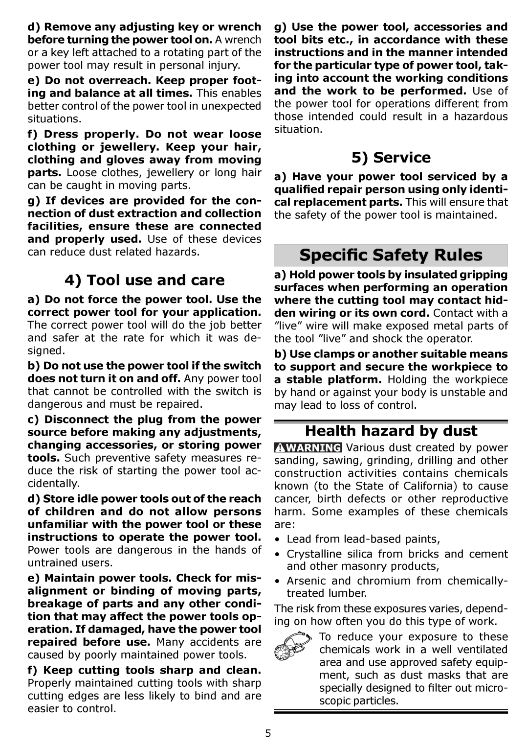 Festool PN574342, PI574342, OF 1400 EQ, PAC574342 Speciﬁc Safety Rules, Tool use and care, Service, Health hazard by dust 