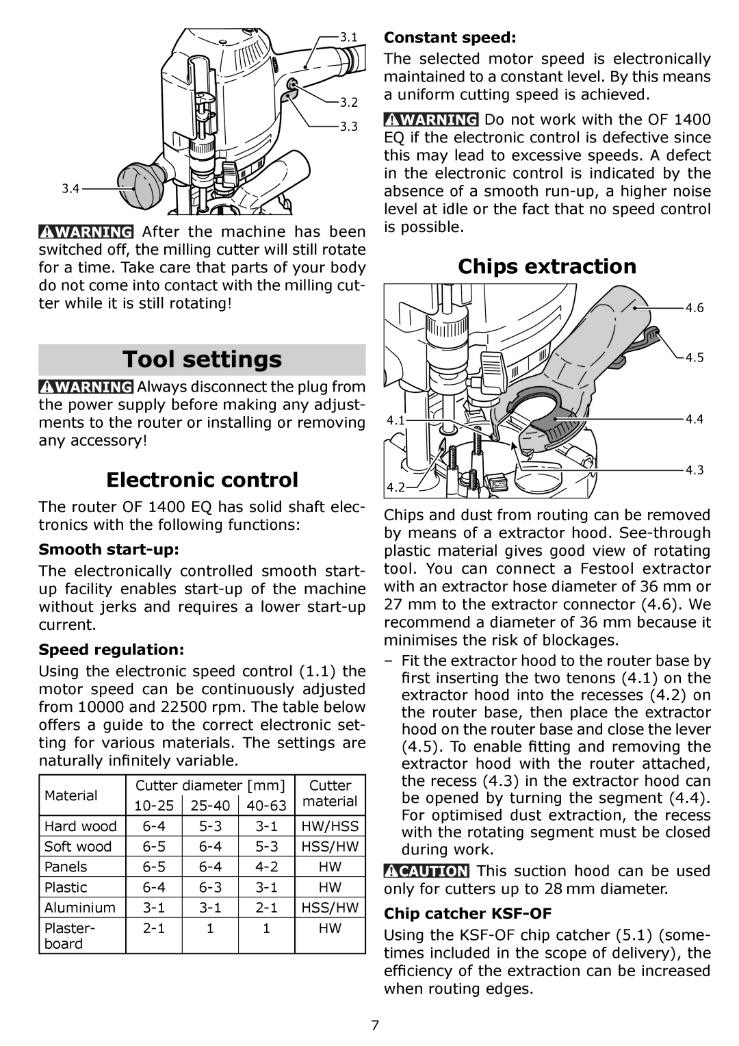 Festool PAC574342, PI574342, PN574342, OF 1400 EQ instruction manual Tool settings, Electronic control, Chips extraction 