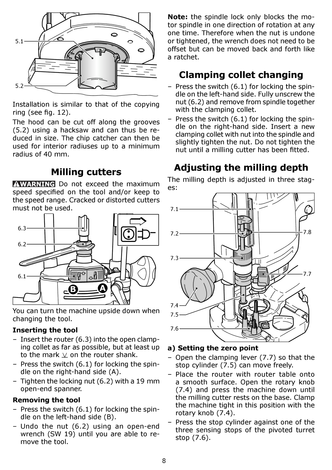 Festool PI574342, PN574342, OF 1400 EQ, PAC574342 Clamping collet changing, Milling cutters, Adjusting the milling depth 