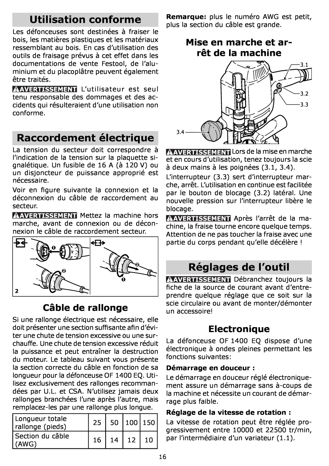 Festool PI574342 Utilisation conforme, Raccordement électrique, Réglages de l’outil, Câble de rallonge, Electronique 