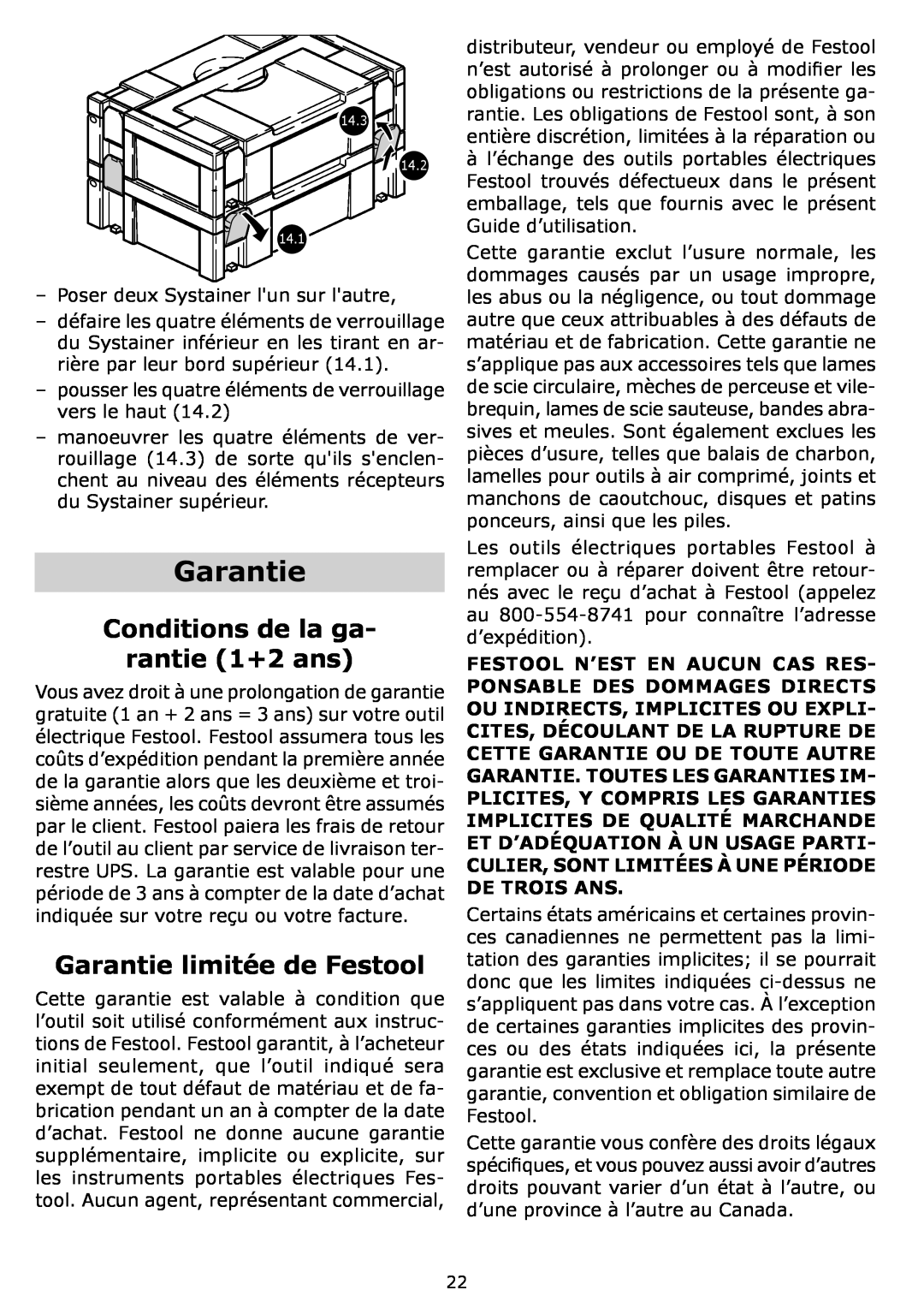 Festool OF 1400 EQ, PI574342, PN574342, PAC574342 Conditions de la ga, rantie 1+2 ans, Garantie limitée de Festool 