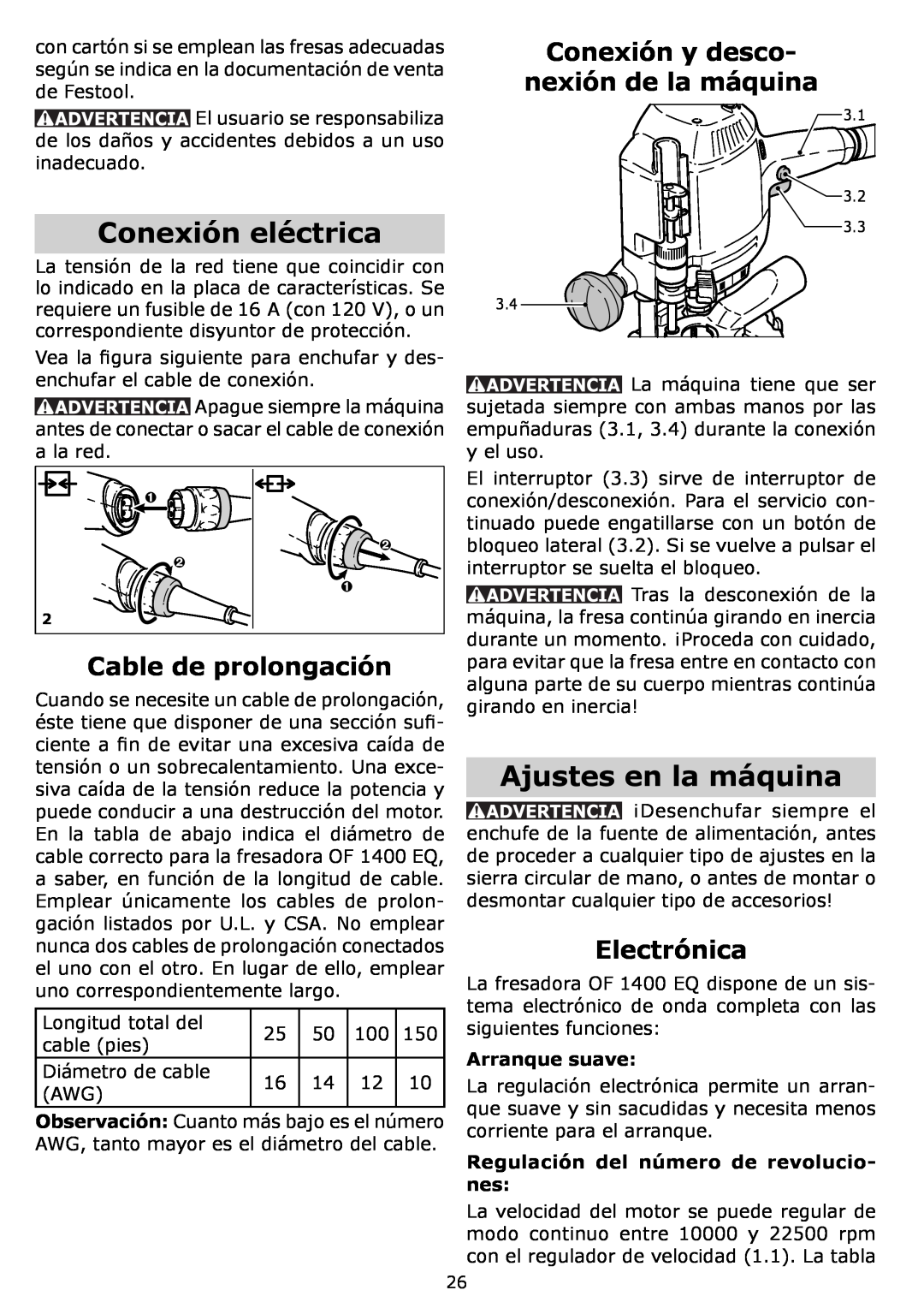 Festool OF 1400 EQ Conexión eléctrica, Ajustes en la máquina, Cable de prolongación, Conexión y desco, Electrónica 