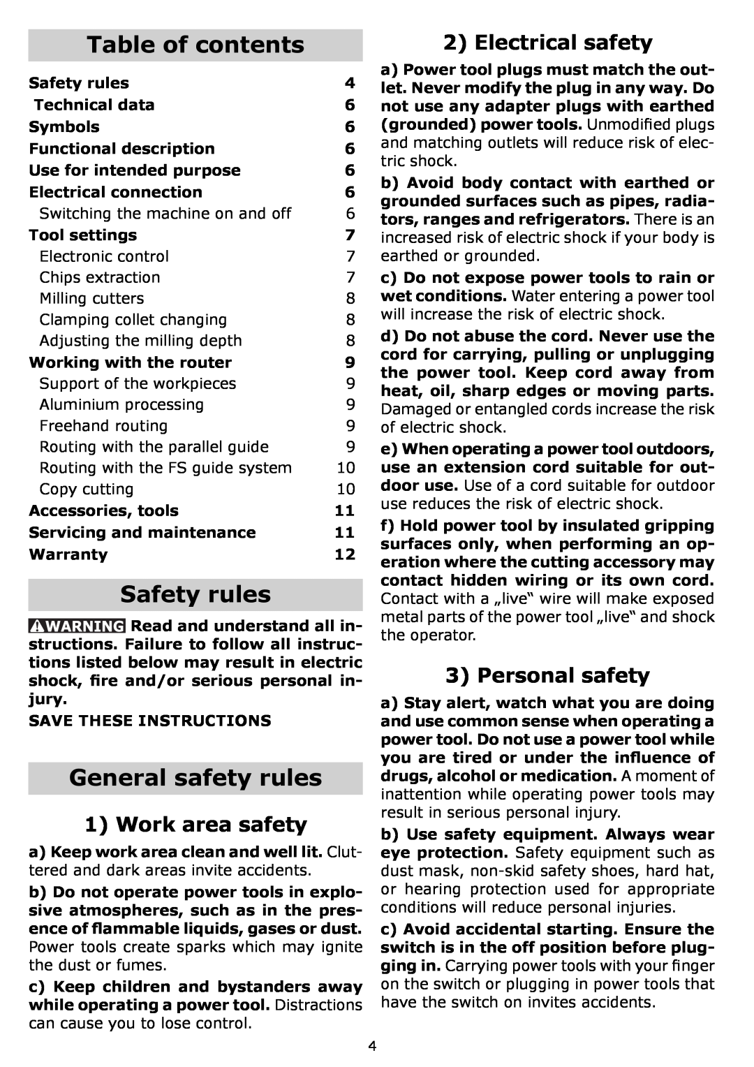 Festool PI574342, PN574342 General safety rules, Table of contents, Safety rules, Electrical safety, Personal safety 