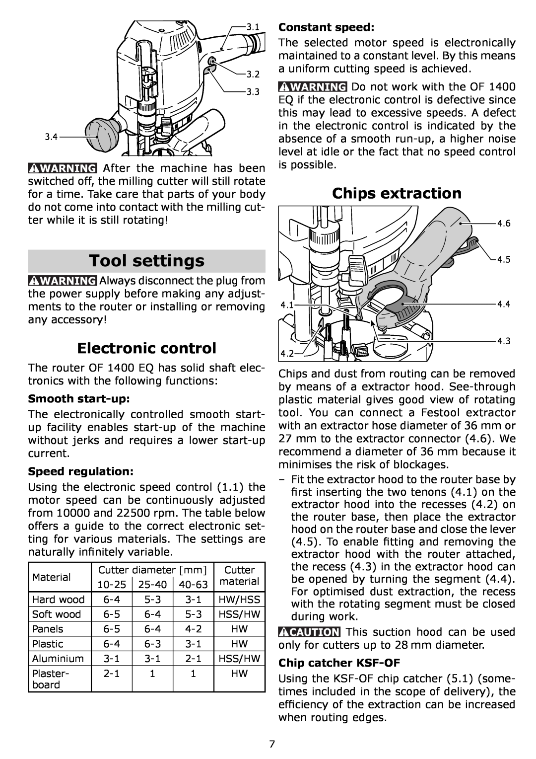 Festool PAC574342, PI574342, PN574342, OF 1400 EQ instruction manual Tool settings, Electronic control, Chips extraction 