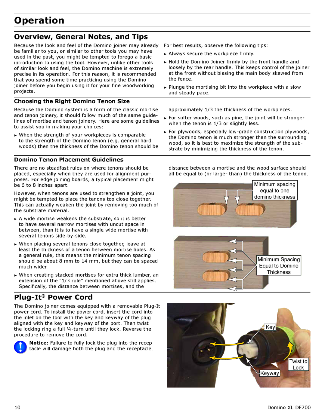 Festool PI574447 Operation, Overview, General Notes, and Tips, Plug-ItPower Cord, Choosing the Right Domino Tenon Size 