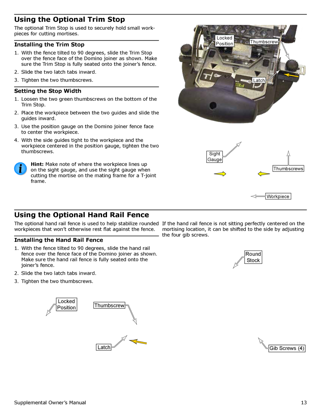 Festool PD574447, PI574447 Using the Optional Trim Stop, Using the Optional Hand Rail Fence, Installing the Trim Stop 