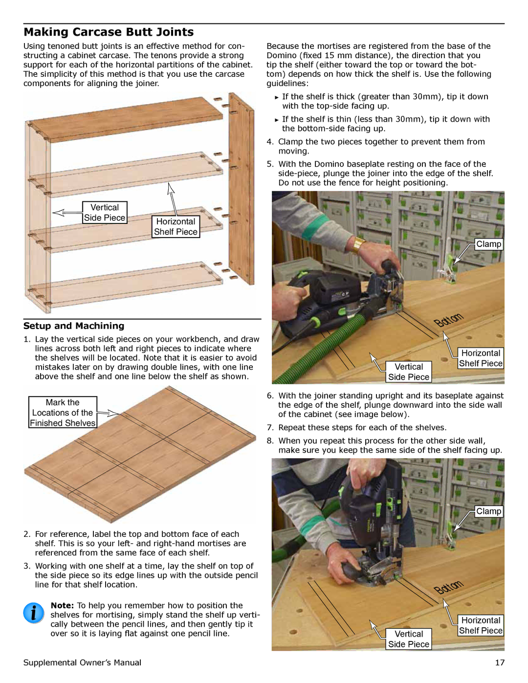 Festool PN574422, PI574447, PN574447, PD574447 Making Carcase Butt Joints, Vertical Side Piece Horizontal Shelf Piece 