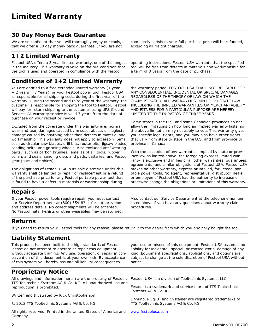 Festool PN574422, PI574447, PN574447, PD574447, PI574422 user manual Limited Warranty 